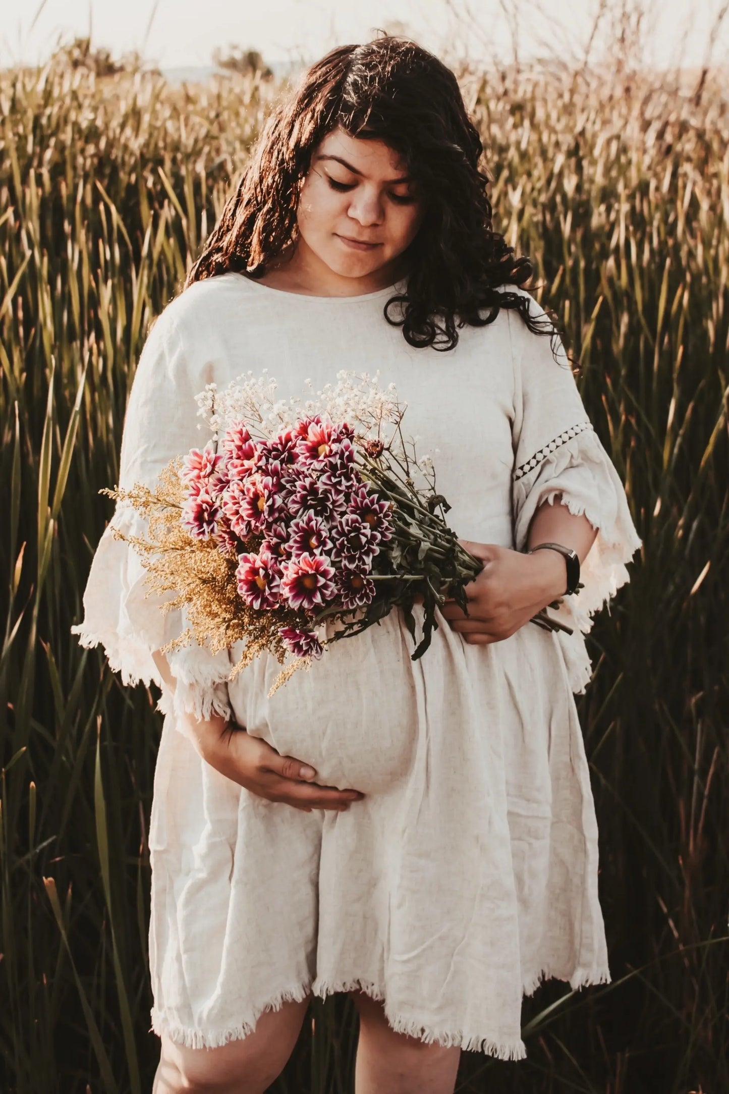 Beige Raw Edge Bell Sleeve Babydoll Maternity Dress with Crochet Trim and Back Keyhole Cutout PinkBlush
