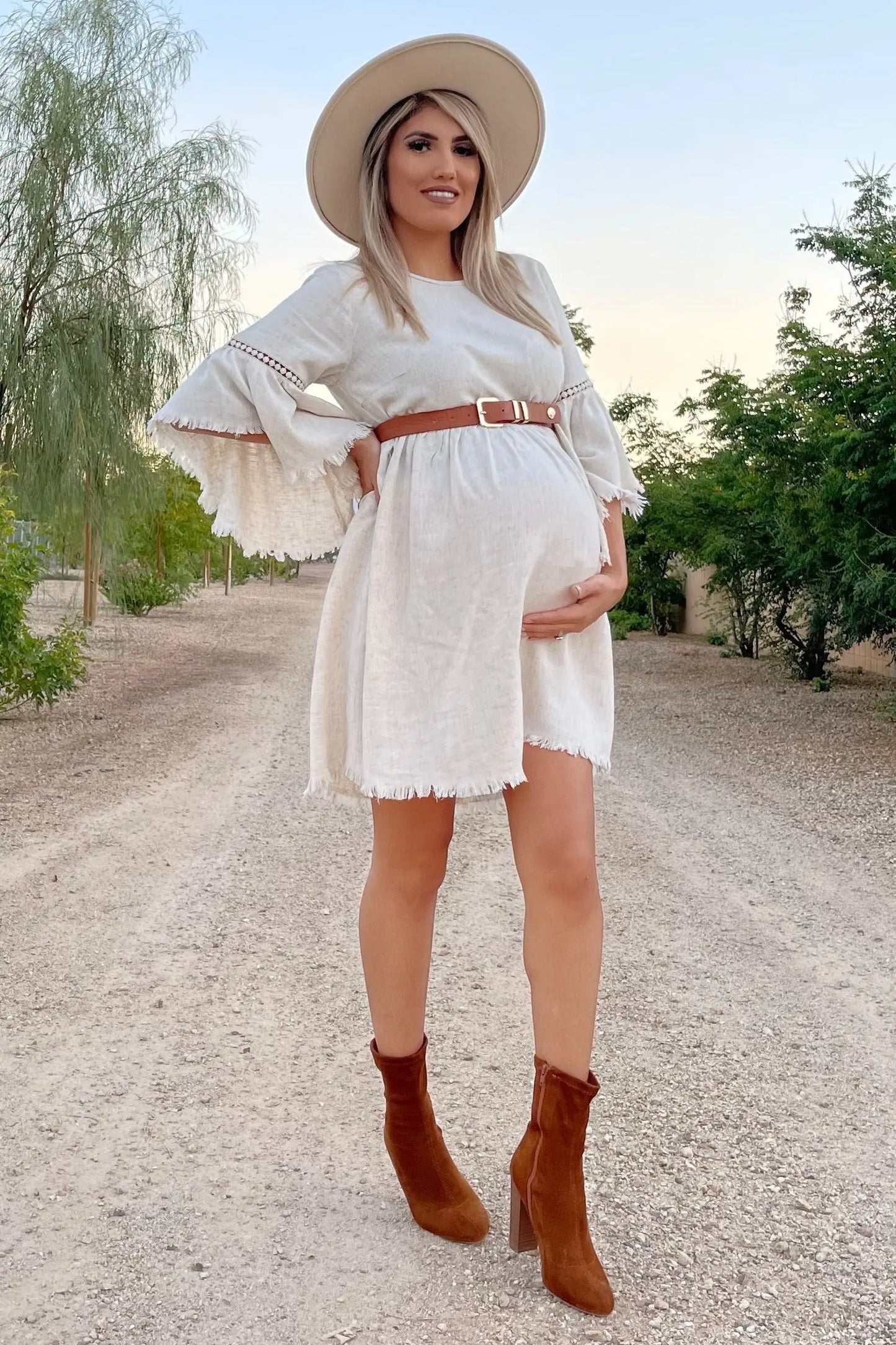 Beige Raw Edge Bell Sleeve Babydoll Maternity Dress with Crochet Trim and Back Keyhole Cutout PinkBlush