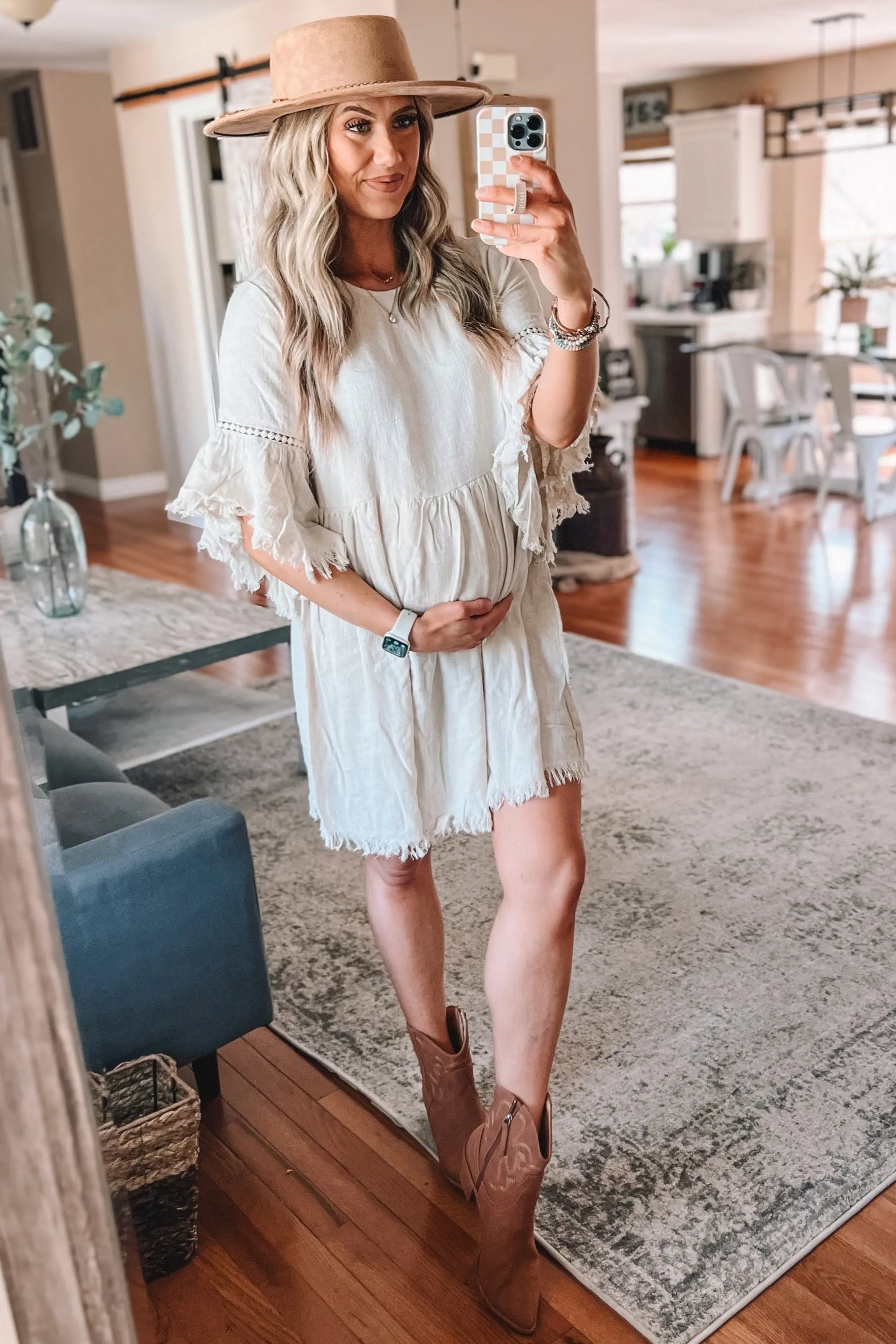 Beige Raw Edge Bell Sleeve Babydoll Maternity Dress with Crochet Trim and Back Keyhole Cutout PinkBlush