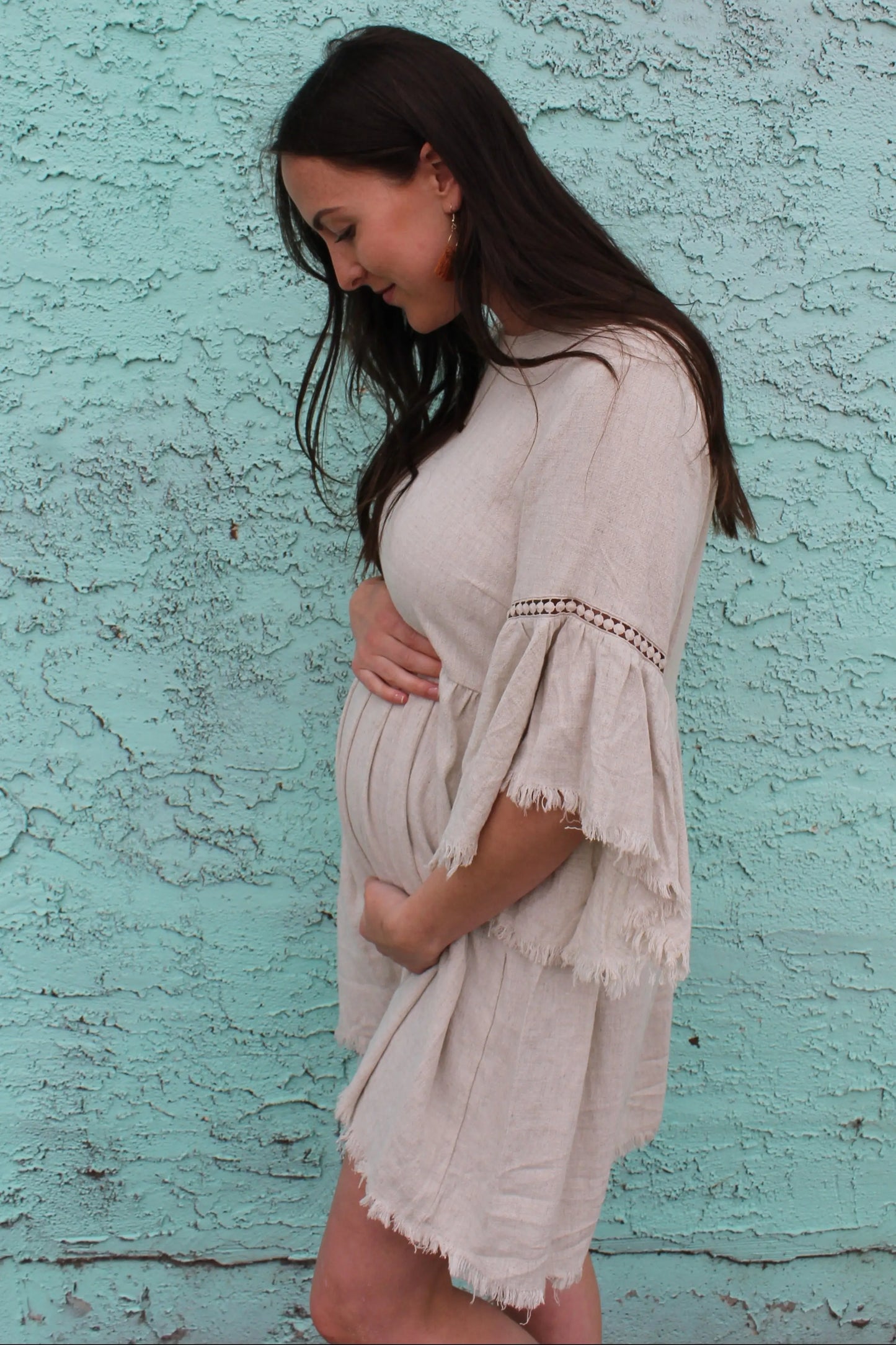 Beige Raw Edge Bell Sleeve Babydoll Maternity Dress with Crochet Trim and Back Keyhole Cutout PinkBlush