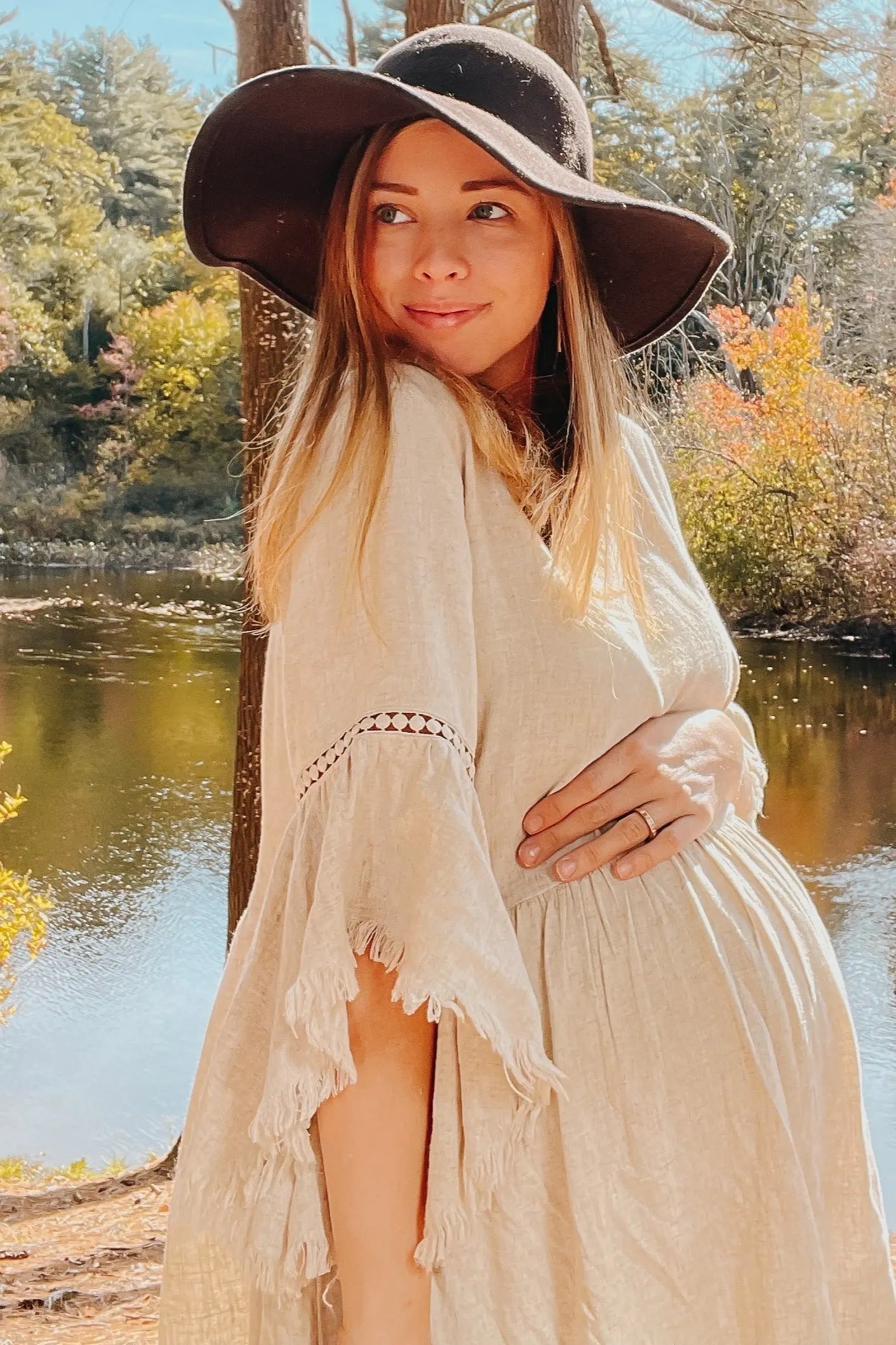 Beige Raw Edge Bell Sleeve Babydoll Maternity Dress with Crochet Trim and Back Keyhole Cutout PinkBlush