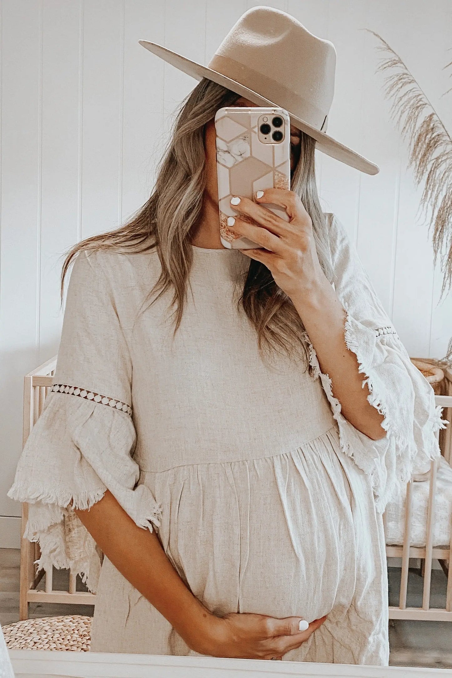 Beige Raw Edge Bell Sleeve Babydoll Maternity Dress with Crochet Trim and Back Keyhole Cutout PinkBlush