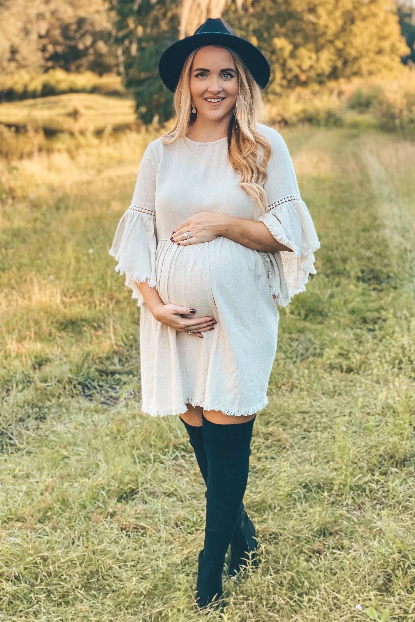 Beige Raw Edge Bell Sleeve Babydoll Maternity Dress with Crochet Trim and Back Keyhole Cutout PinkBlush
