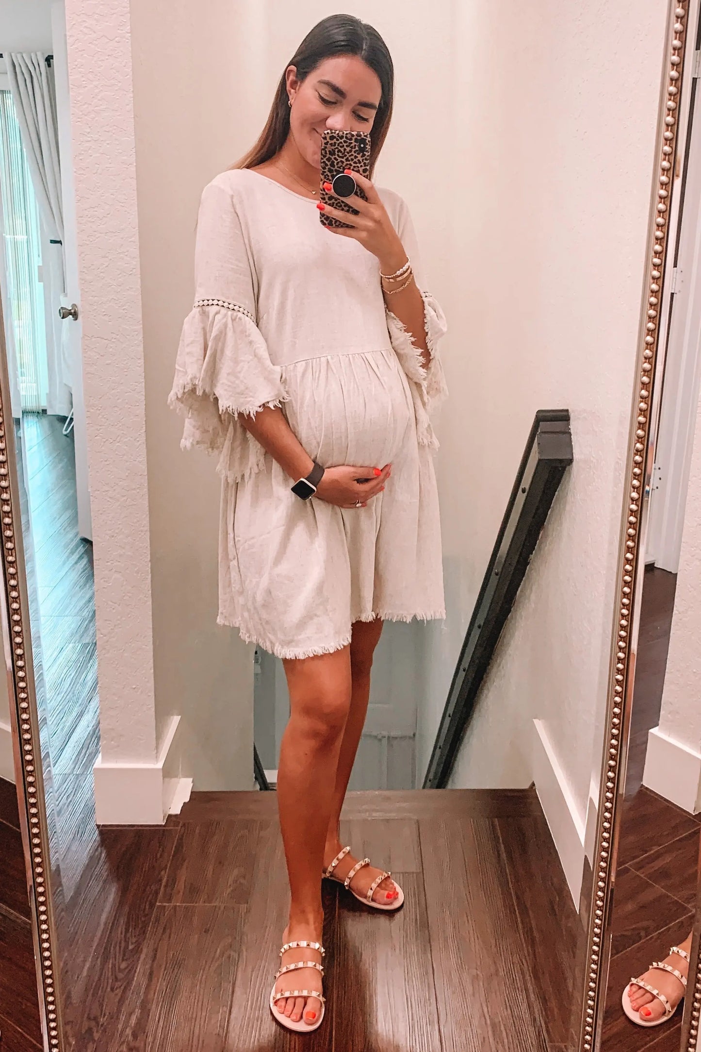 Beige Raw Edge Bell Sleeve Babydoll Maternity Dress with Crochet Trim and Back Keyhole Cutout PinkBlush