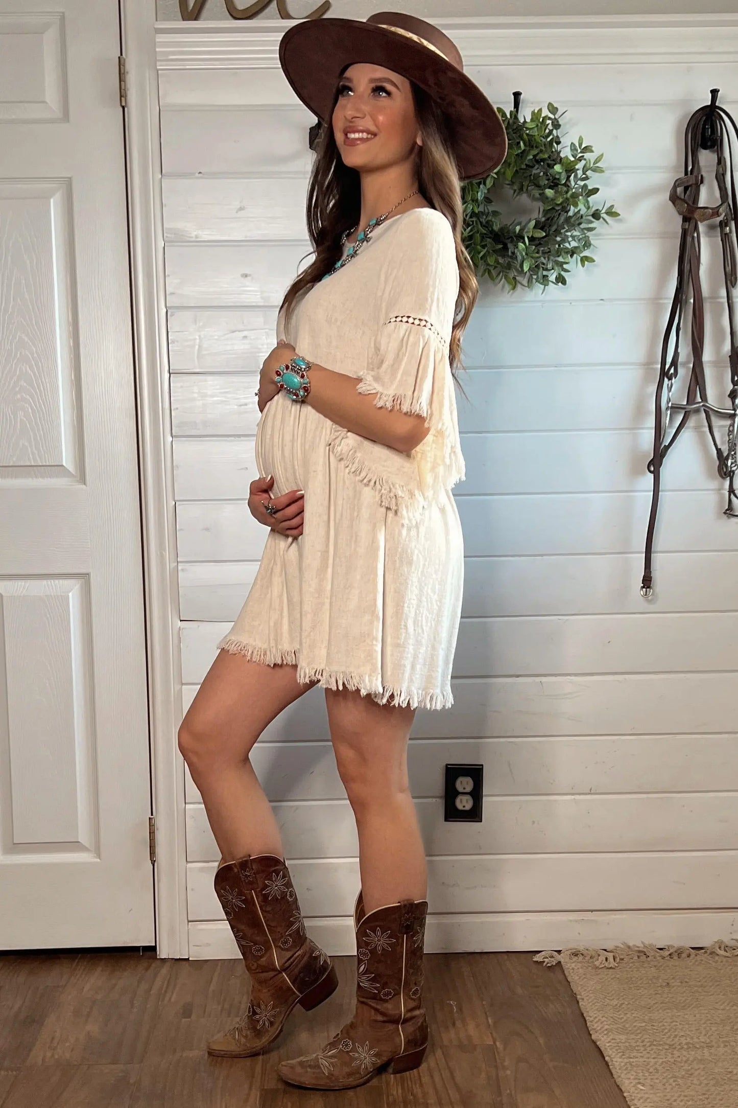Beige Raw Edge Bell Sleeve Babydoll Maternity Dress with Crochet Trim and Back Keyhole Cutout PinkBlush