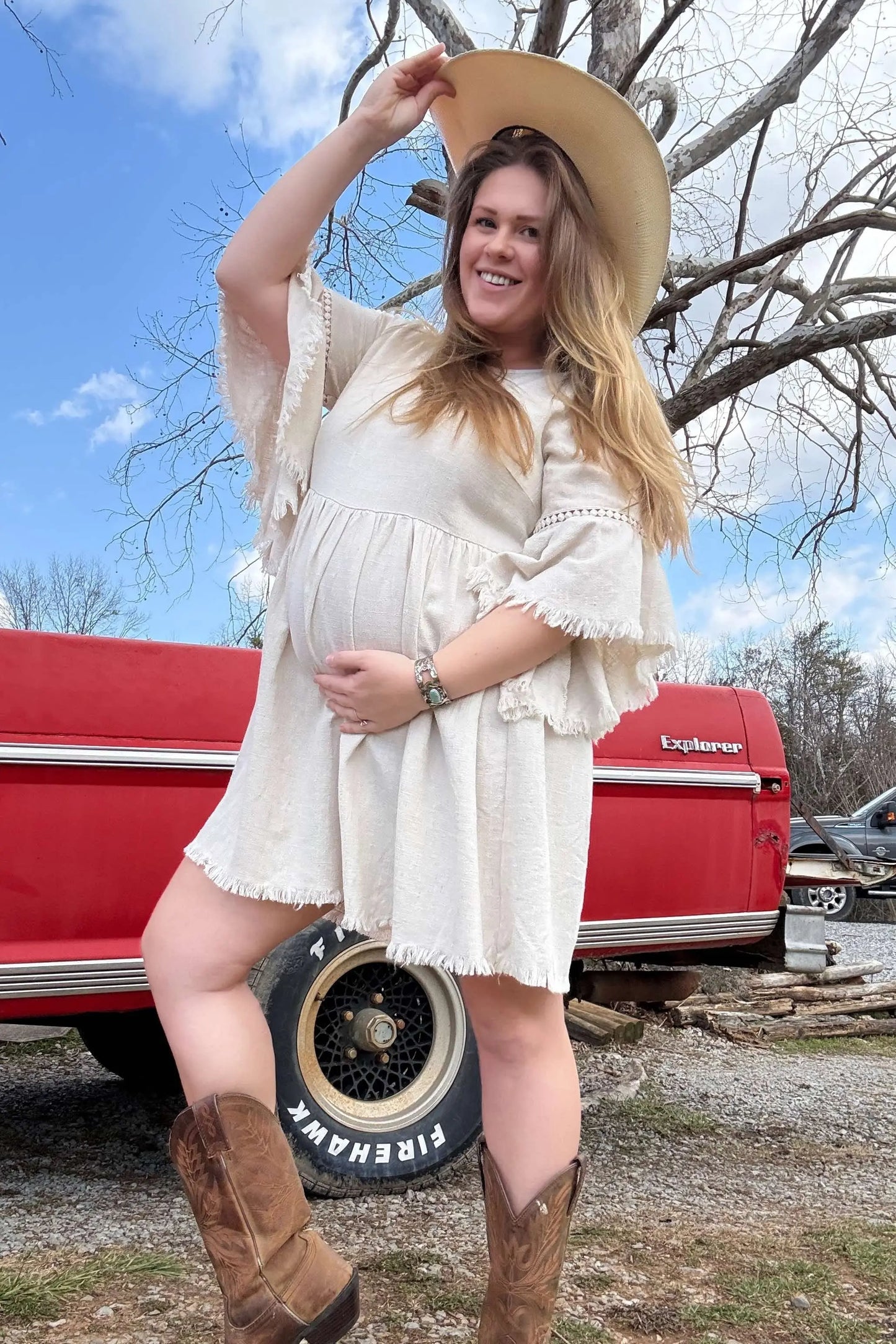 Beige Raw Edge Bell Sleeve Babydoll Maternity Dress with Crochet Trim and Back Keyhole Cutout PinkBlush