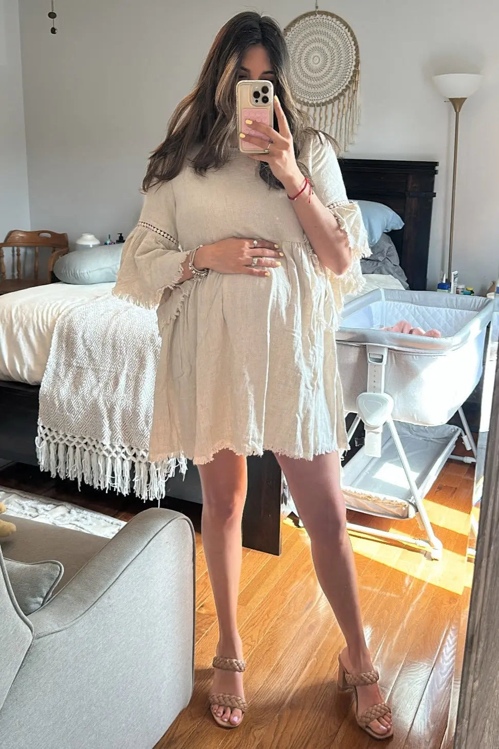 Beige Raw Edge Bell Sleeve Babydoll Maternity Dress with Crochet Trim and Back Keyhole Cutout PinkBlush