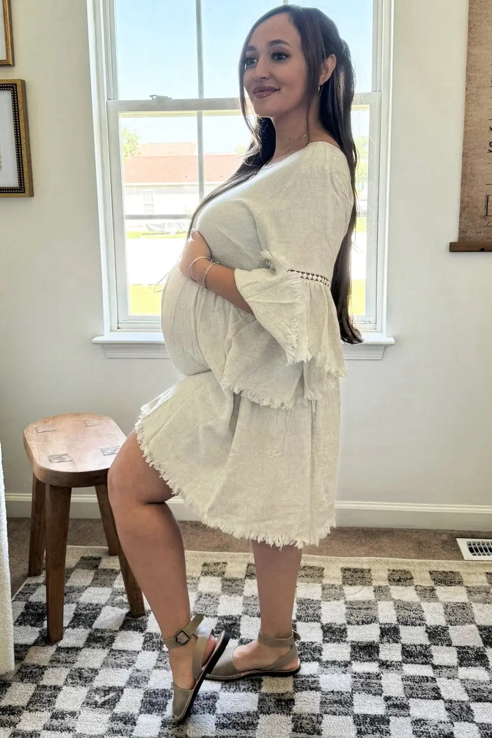 Beige Raw Edge Bell Sleeve Babydoll Maternity Dress with Crochet Trim and Back Keyhole Cutout PinkBlush