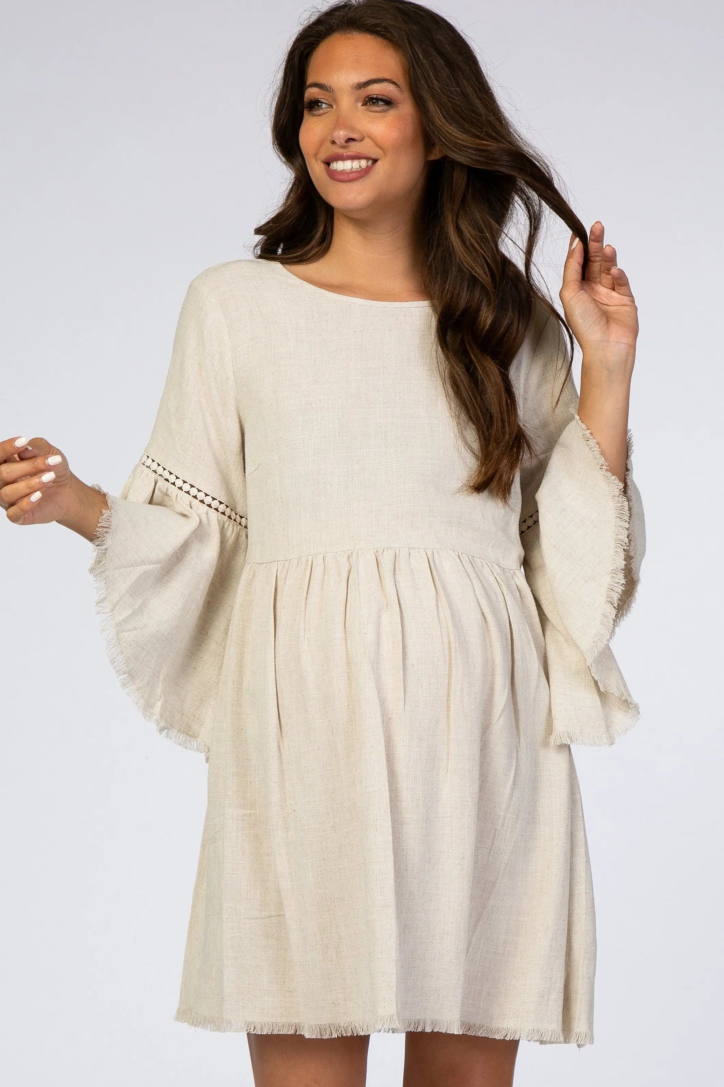 Beige Raw Edge Bell Sleeve Babydoll Maternity Dress with Crochet Trim and Back Keyhole Cutout PinkBlush