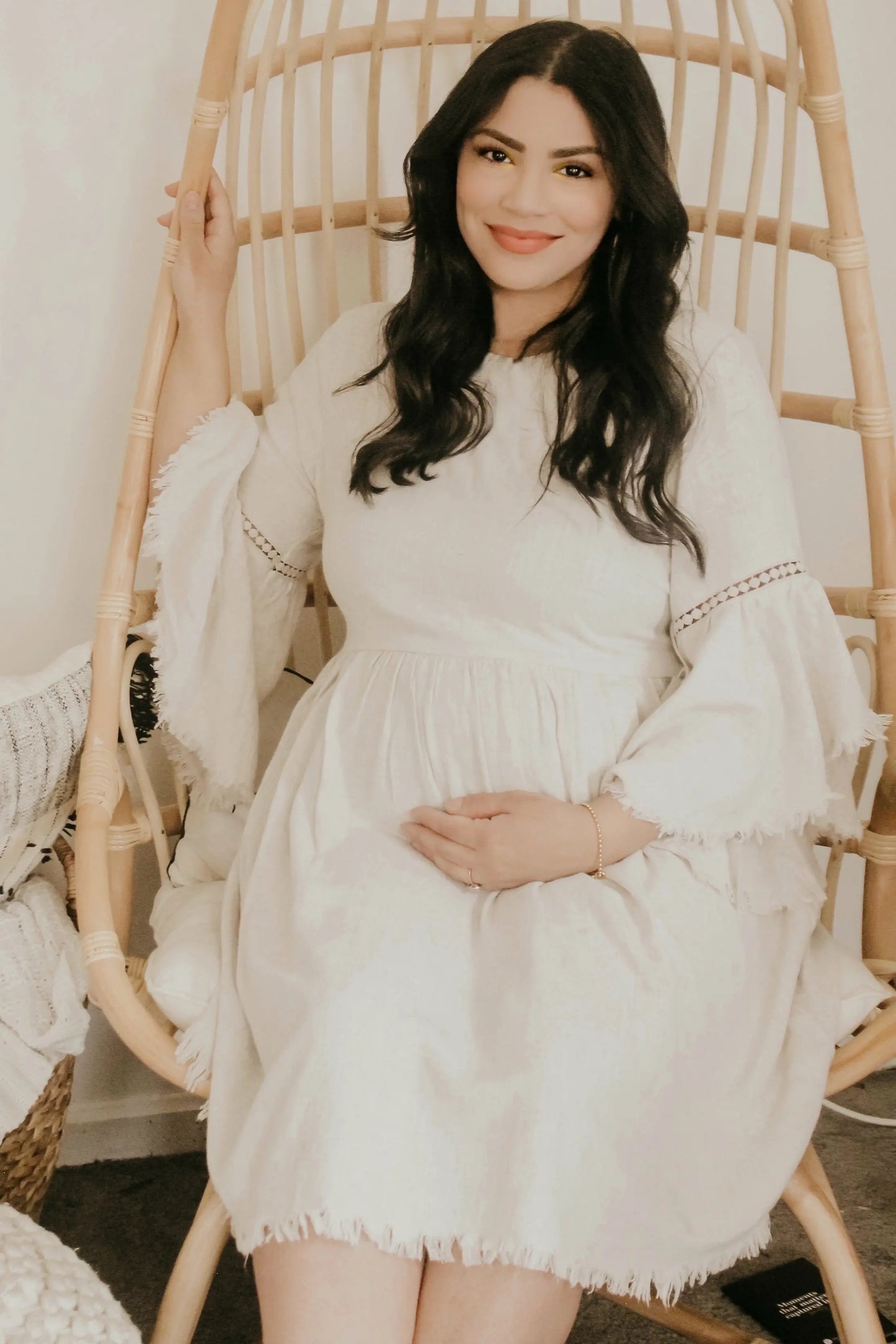 Beige Raw Edge Bell Sleeve Babydoll Maternity Dress with Crochet Trim and Back Keyhole Cutout PinkBlush
