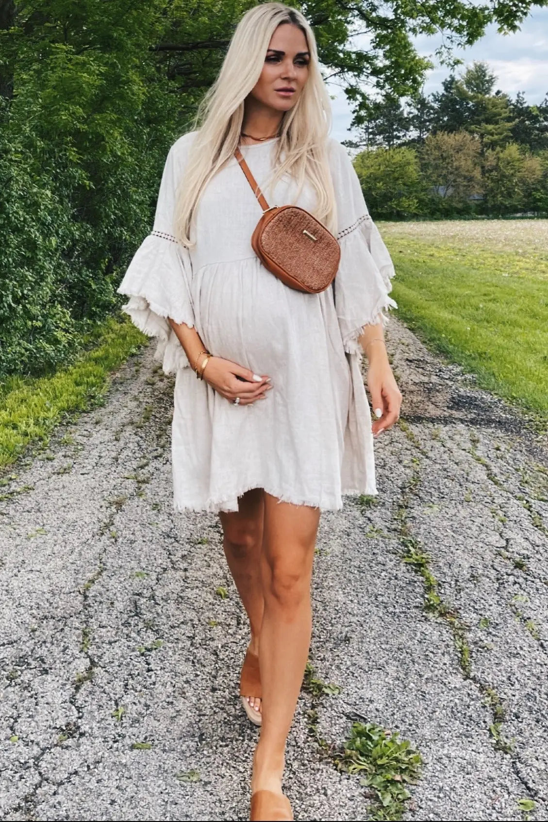 Beige Raw Edge Bell Sleeve Babydoll Maternity Dress with Crochet Trim and Back Keyhole Cutout PinkBlush
