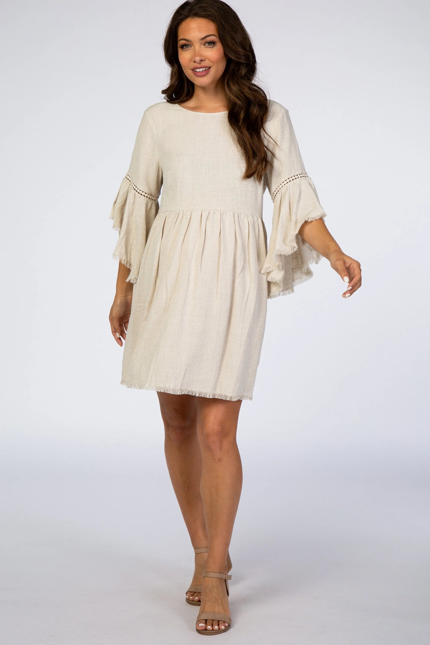 Beige Raw Edge Bell Sleeve Babydoll Maternity Dress with Crochet Trim and Back Keyhole Cutout PinkBlush