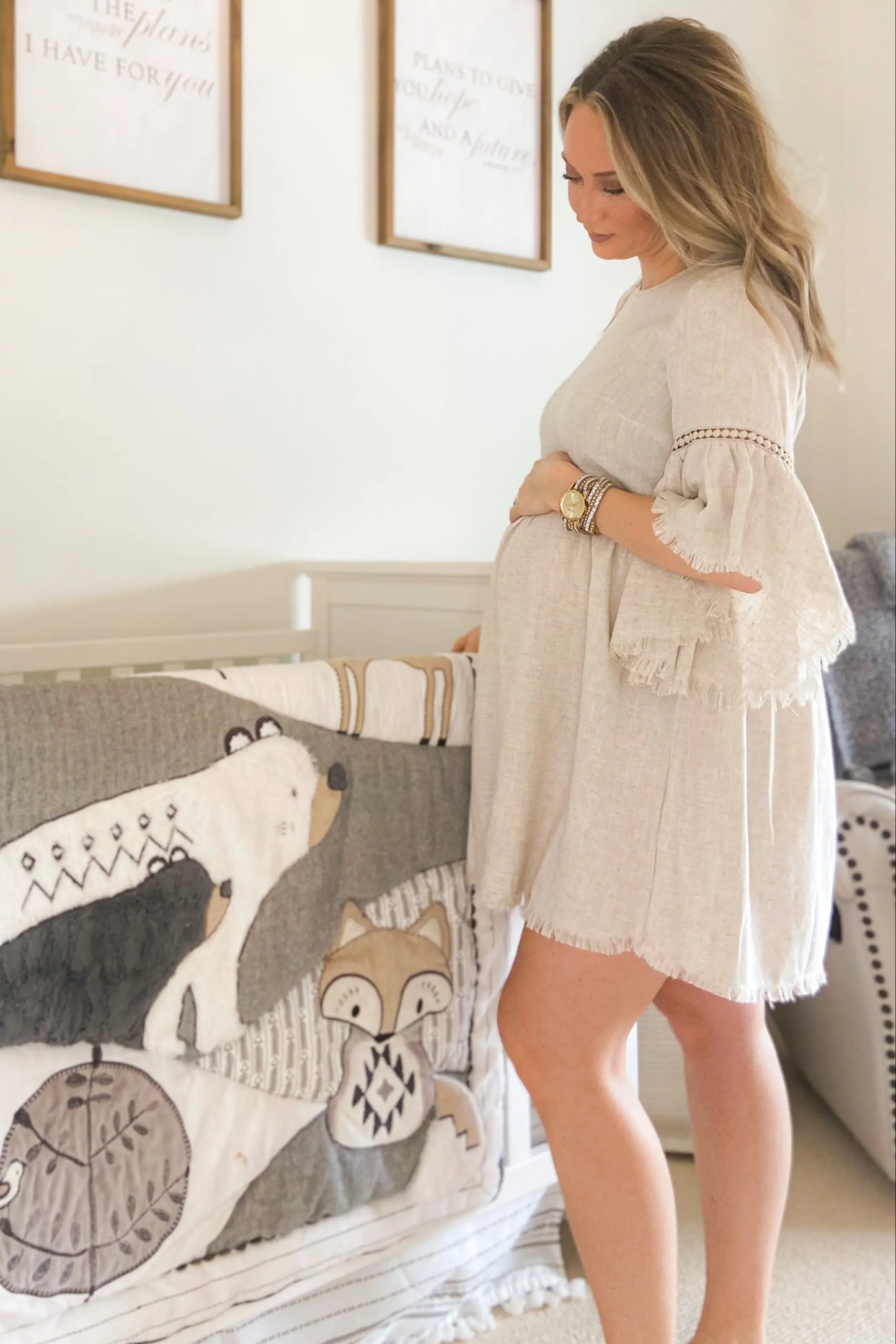 Beige Raw Edge Bell Sleeve Babydoll Maternity Dress with Crochet Trim and Back Keyhole Cutout PinkBlush