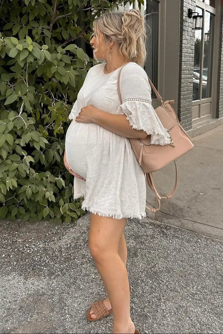 Beige Raw Edge Bell Sleeve Babydoll Maternity Dress with Crochet Trim and Back Keyhole Cutout PinkBlush