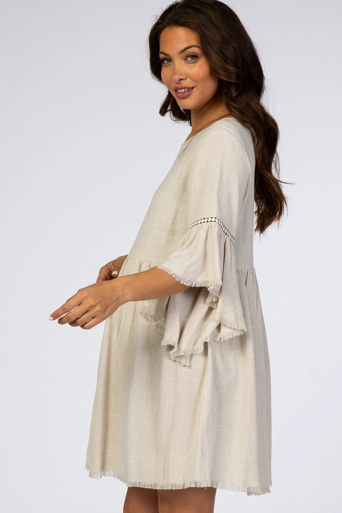 Beige Raw Edge Bell Sleeve Babydoll Maternity Dress with Crochet Trim and Back Keyhole Cutout PinkBlush