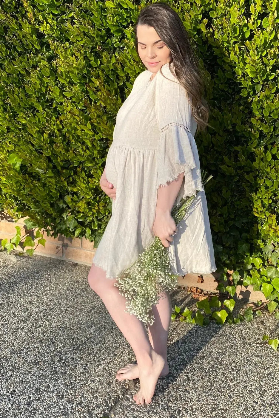 Beige Raw Edge Bell Sleeve Babydoll Maternity Dress with Crochet Trim and Back Keyhole Cutout PinkBlush