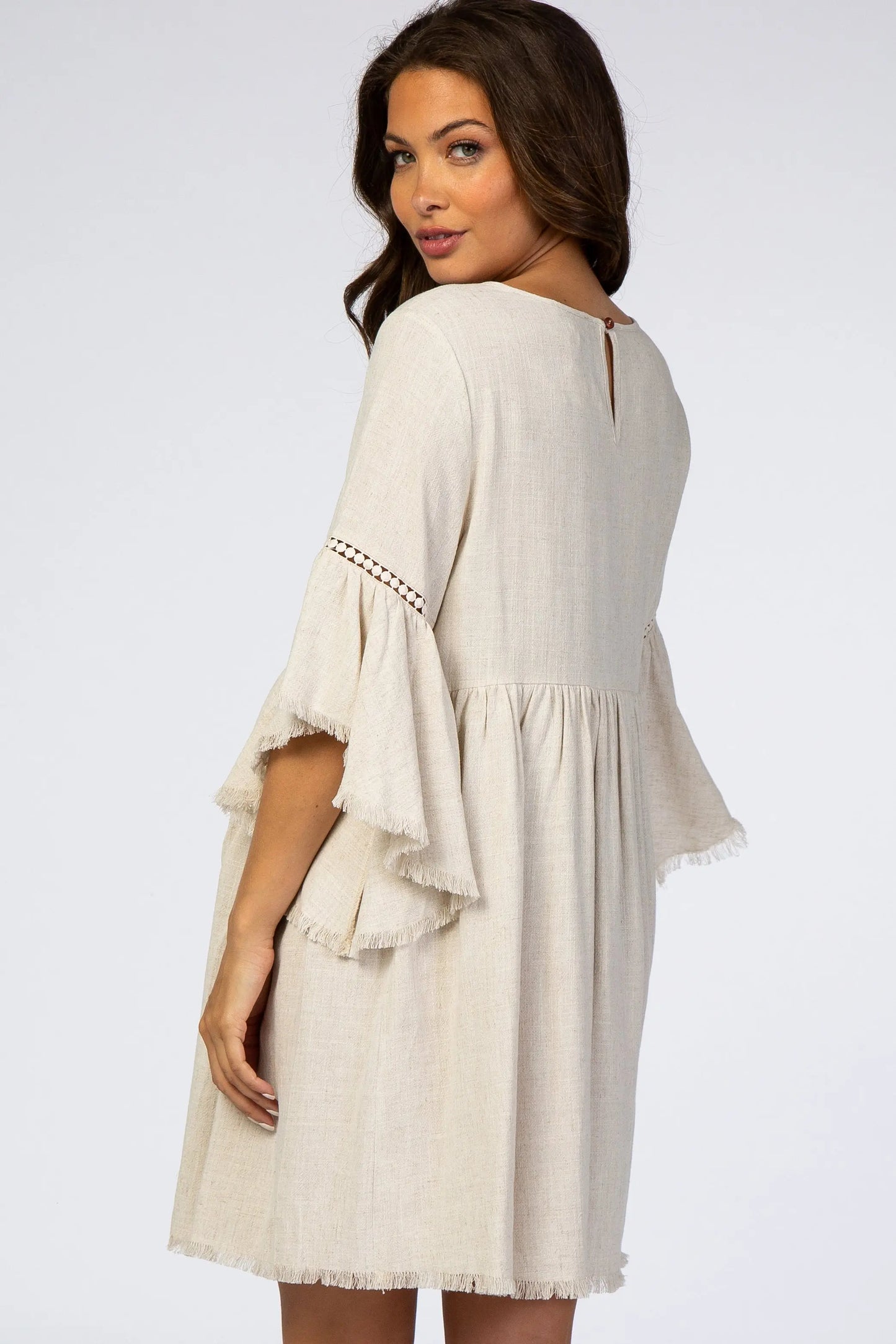 Beige Raw Edge Bell Sleeve Babydoll Maternity Dress with Crochet Trim and Back Keyhole Cutout PinkBlush