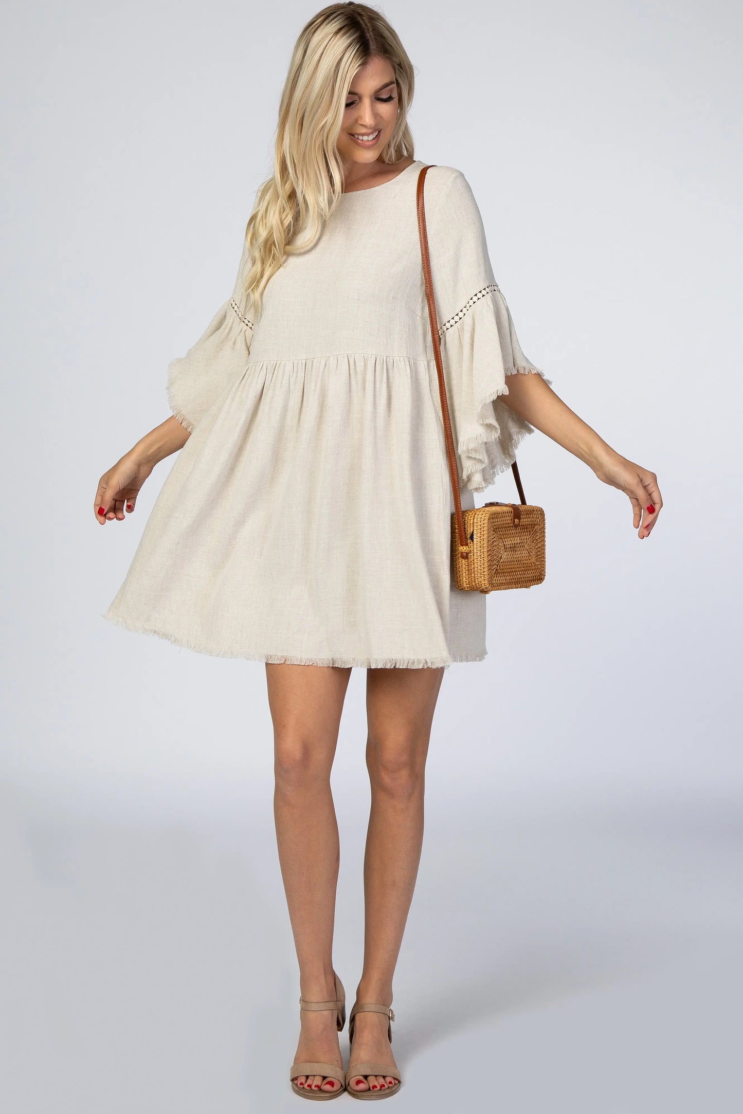 Beige Raw Edge Bell Sleeve Babydoll Maternity Dress with Crochet Trim and Back Keyhole Cutout PinkBlush