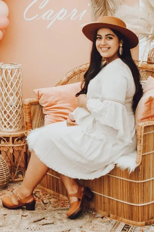 Beige Raw Edge Bell Sleeve Babydoll Maternity Dress with Crochet Trim and Back Keyhole Cutout PinkBlush