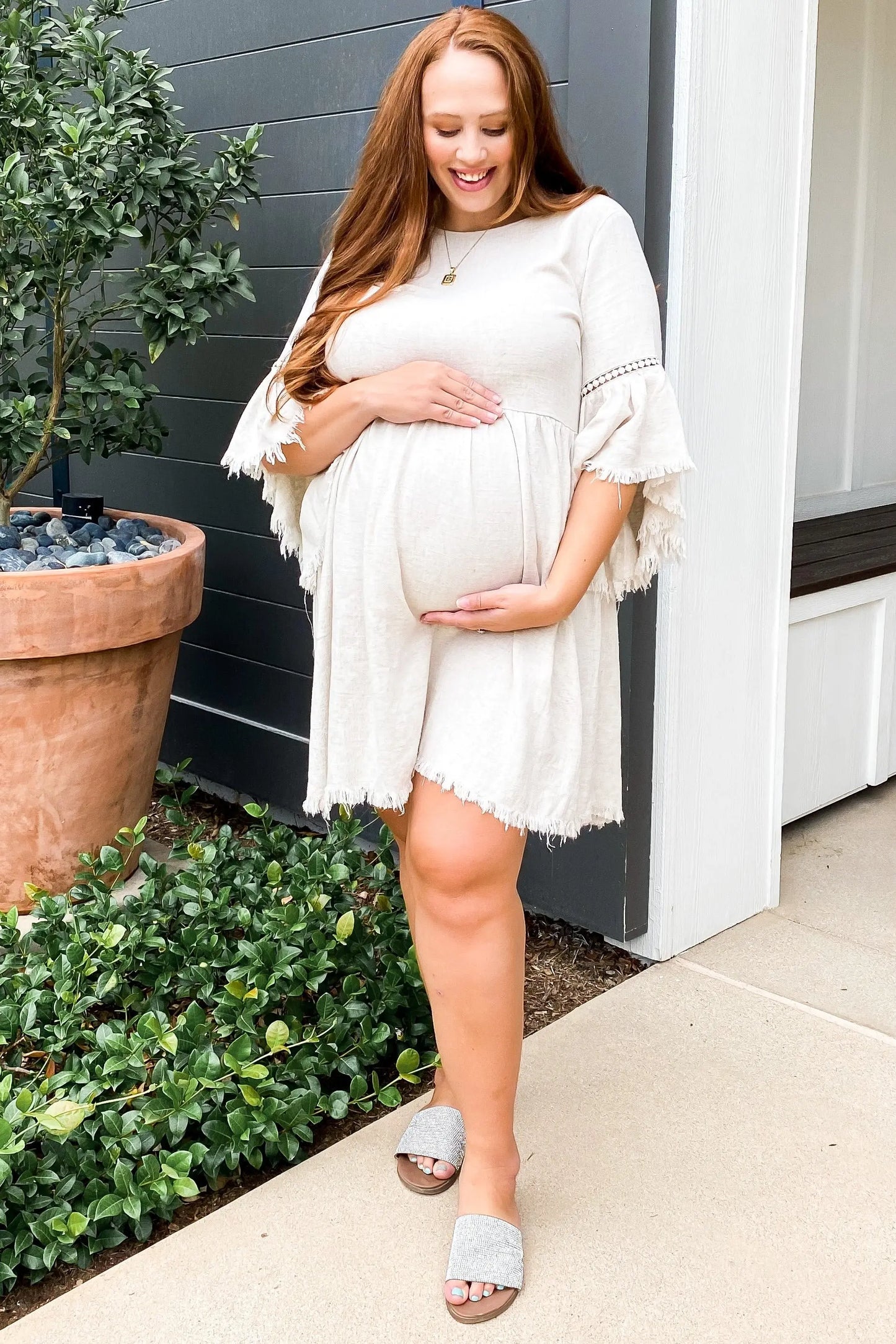 Beige Raw Edge Bell Sleeve Babydoll Maternity Dress with Crochet Trim and Back Keyhole Cutout PinkBlush
