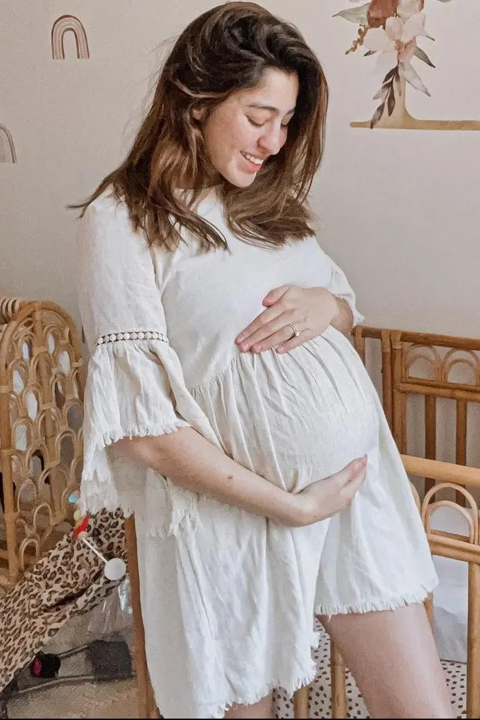 Beige Raw Edge Bell Sleeve Babydoll Maternity Dress with Crochet Trim and Back Keyhole Cutout PinkBlush