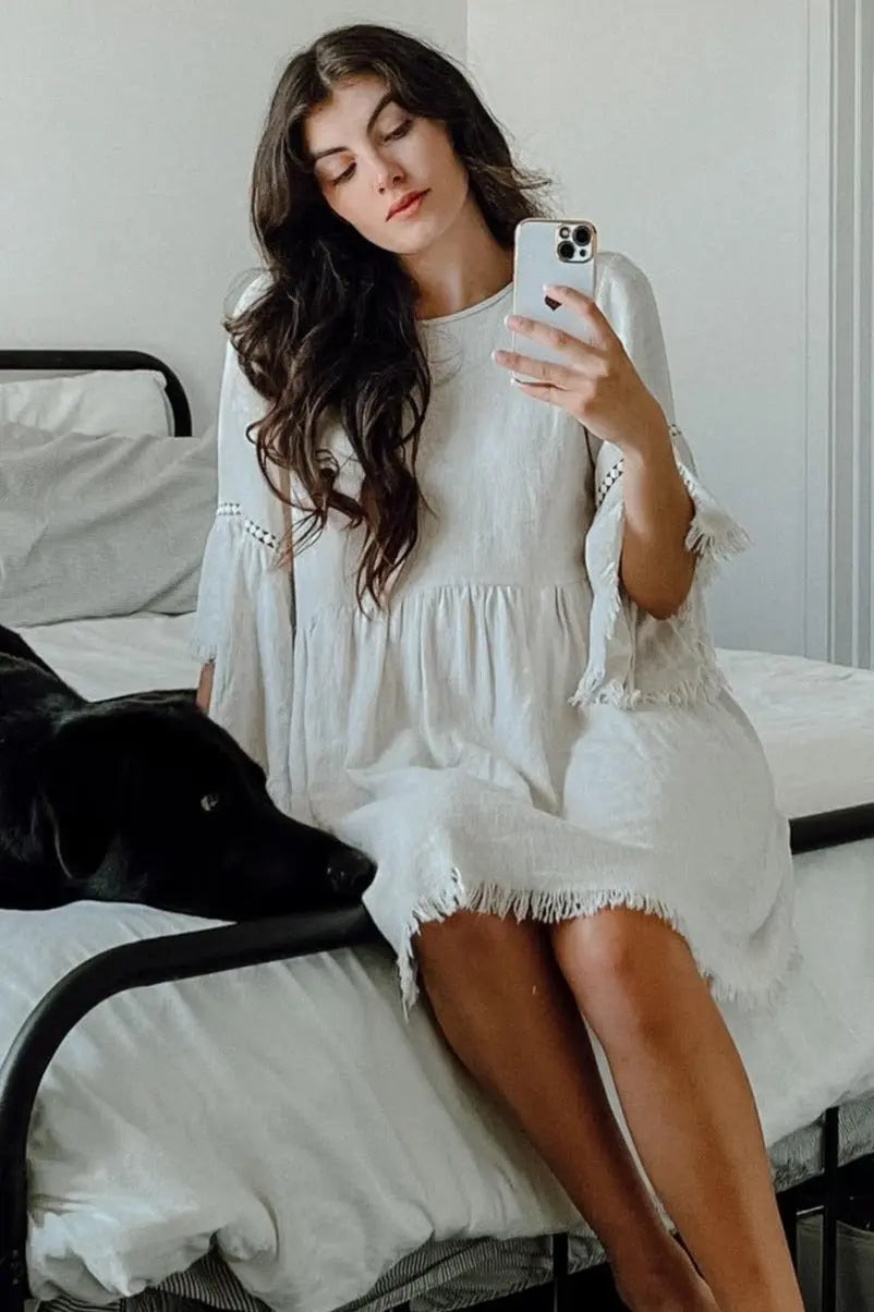 Beige Raw Edge Bell Sleeve Babydoll Maternity Dress with Crochet Trim and Back Keyhole Cutout PinkBlush