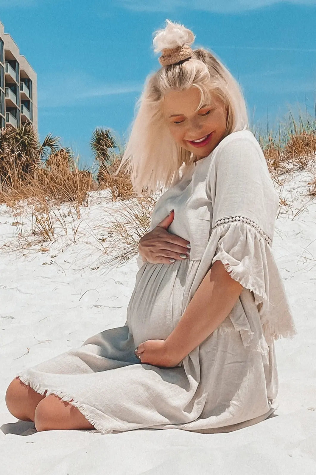 Beige Raw Edge Bell Sleeve Babydoll Maternity Dress with Crochet Trim and Back Keyhole Cutout PinkBlush