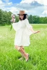 Beige Raw Edge Bell Sleeve Babydoll Maternity Dress with Crochet Trim and Back Keyhole Cutout PinkBlush