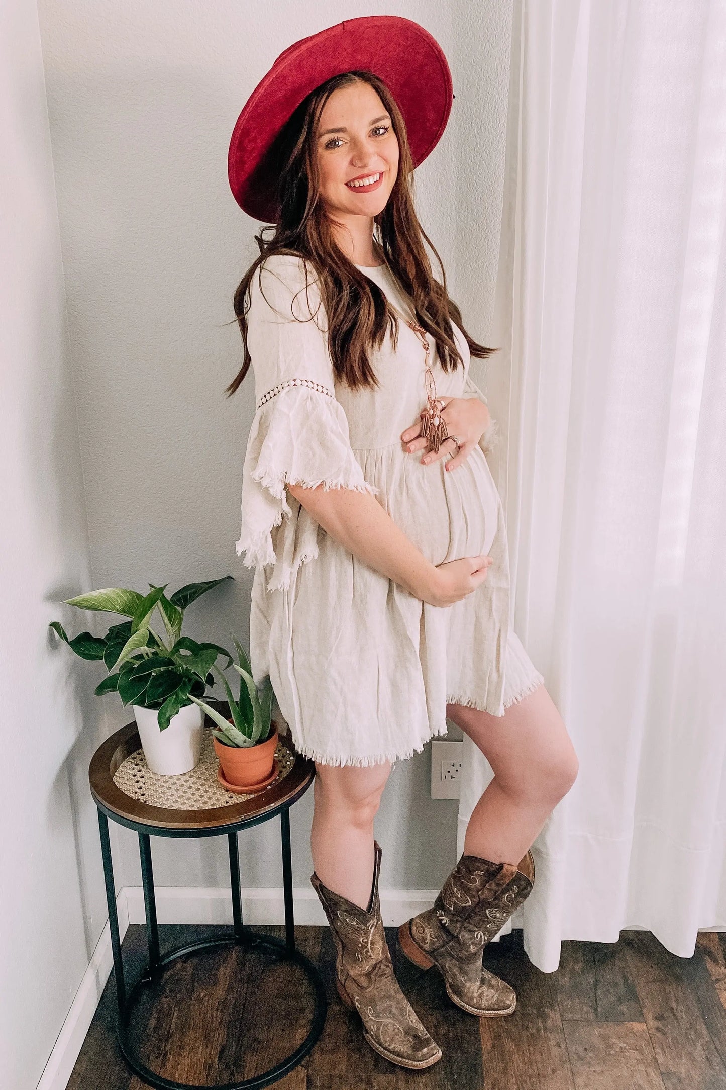 Beige Raw Edge Bell Sleeve Babydoll Maternity Dress with Crochet Trim and Back Keyhole Cutout PinkBlush
