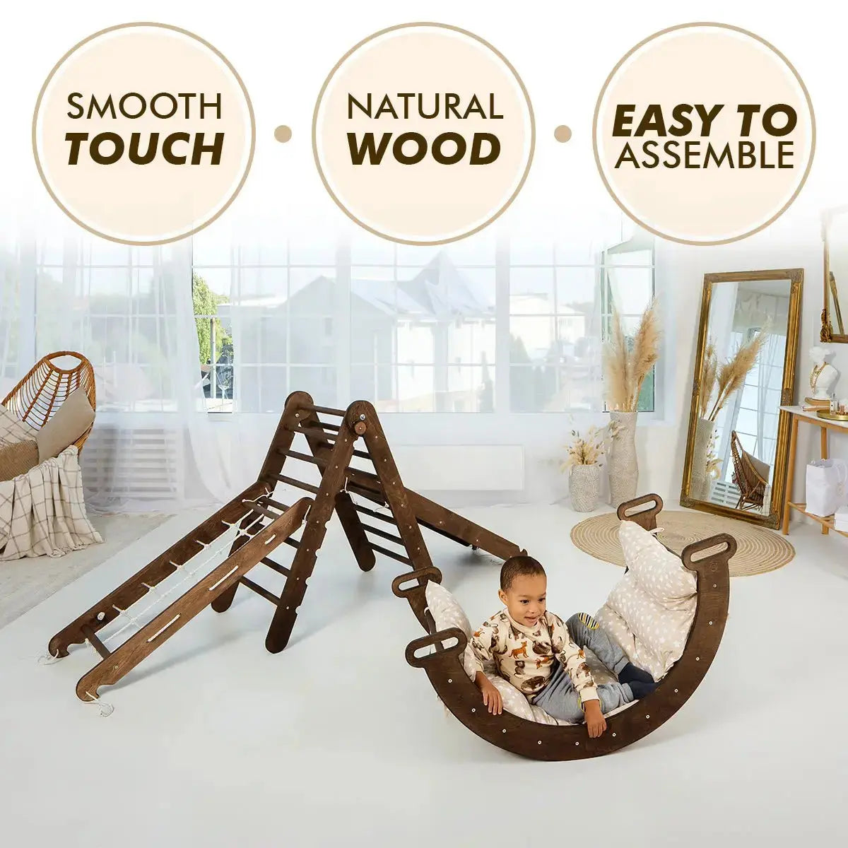 5in1 Montessori Climbing Set Triangle Ladder Climbing Arch Slide Net and Cushion Chocolate Goodevas Everetts Place: Online Boutique