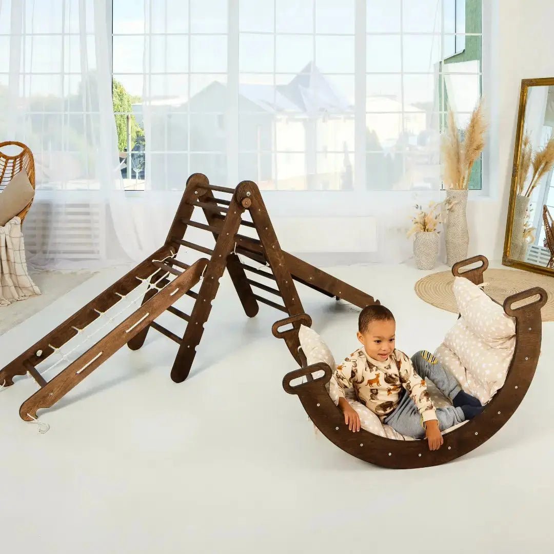Goodevas 5in1 Montessori Climbing Set Triangle Ladder Climbing Arch Slide Net and Cushion Chocolate - Everetts Place Boutique -