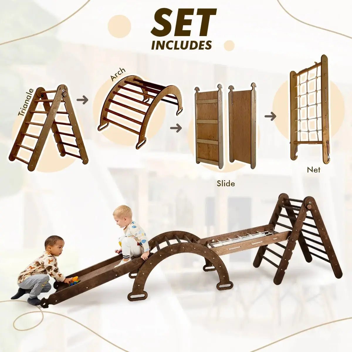 Goodevas 5in1 Montessori Climbing Set Triangle Ladder Climbing Arch Slide Net and Cushion Chocolate - Everetts Place Boutique -