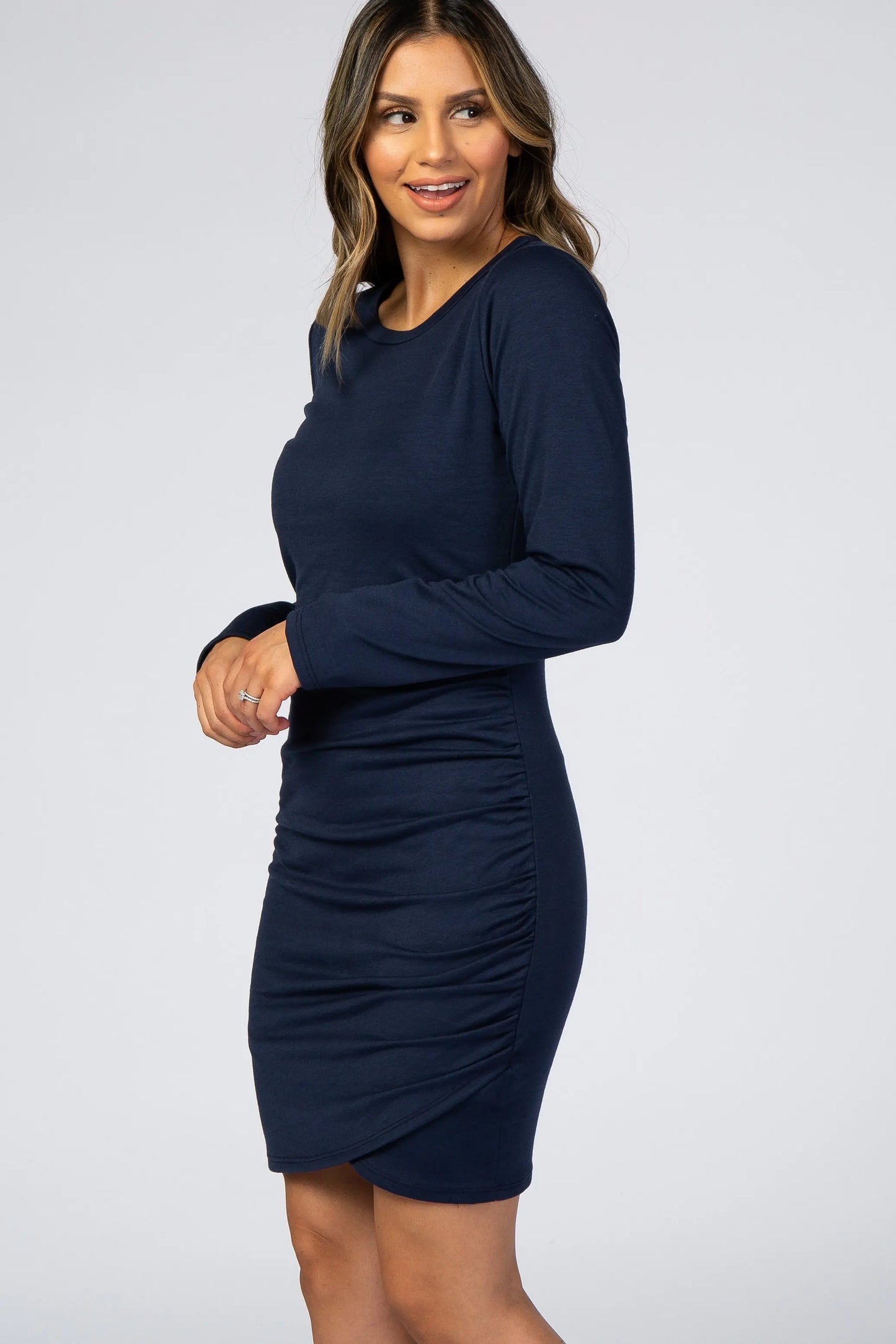 Navy Blue Long Sleeve Wrap Hem Fitted Dress PinkBlush