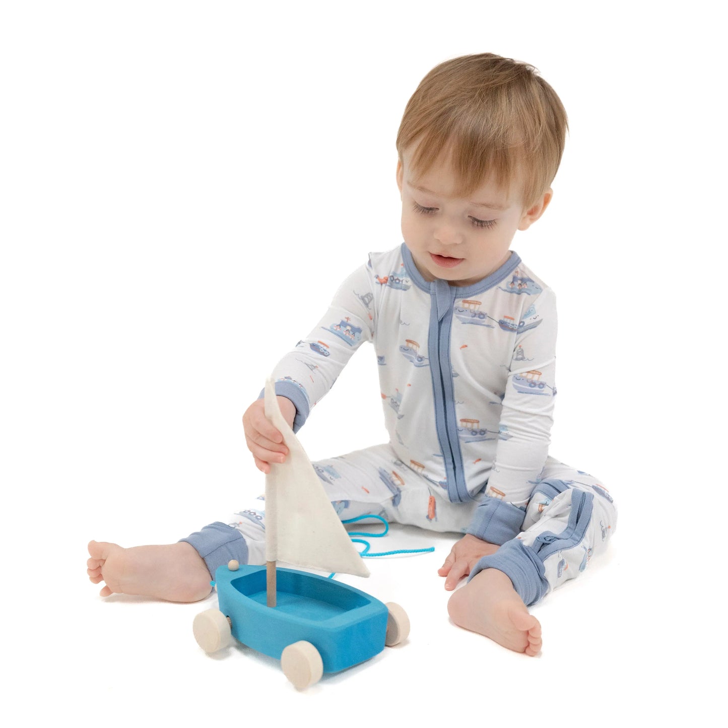 2 Way Zipper Romper Bubbly Tugboats Eco Friendly Viscose from Bamboo Fiber.