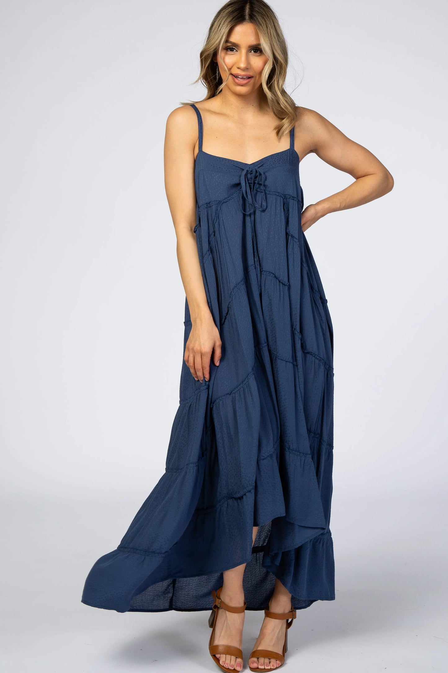 Navy Blue Ruffle Tier Hi Low Maternity Dress PinkBlush