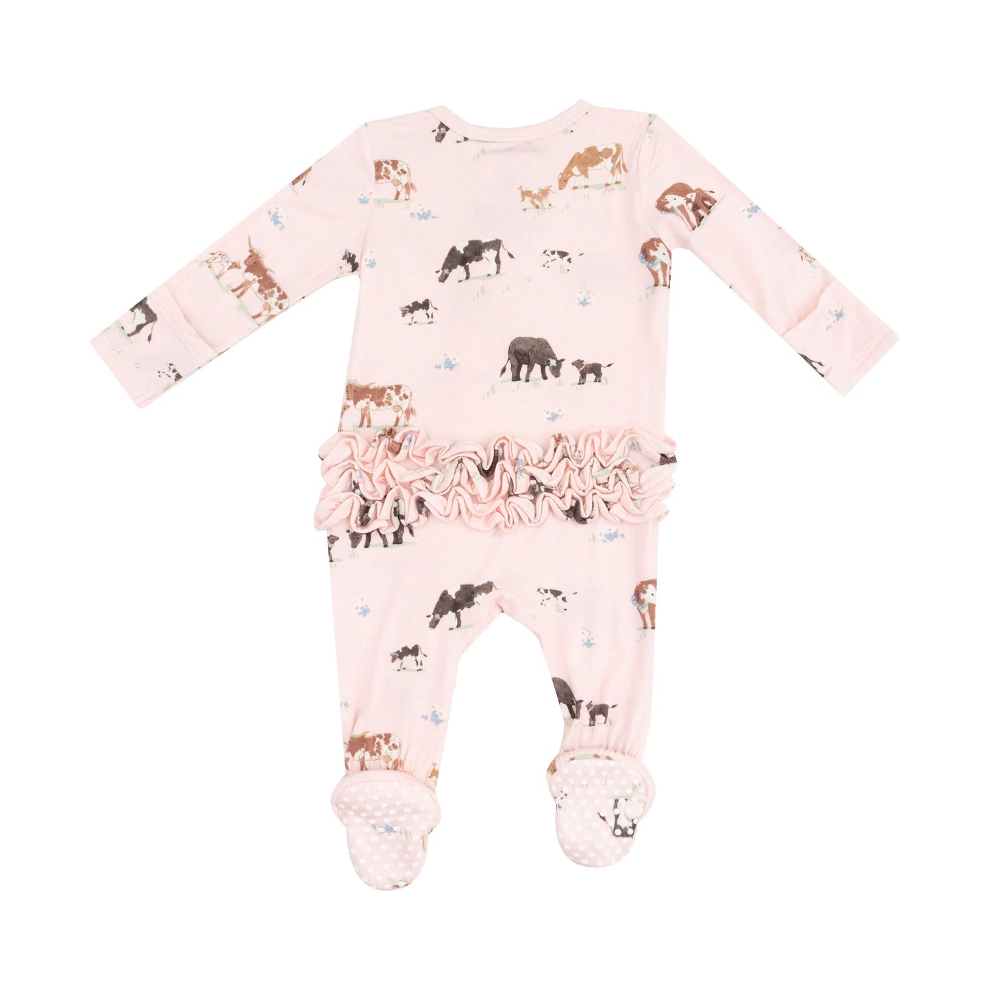 2 Way Zipper Ruffle Back Footie Cow Families Pink.