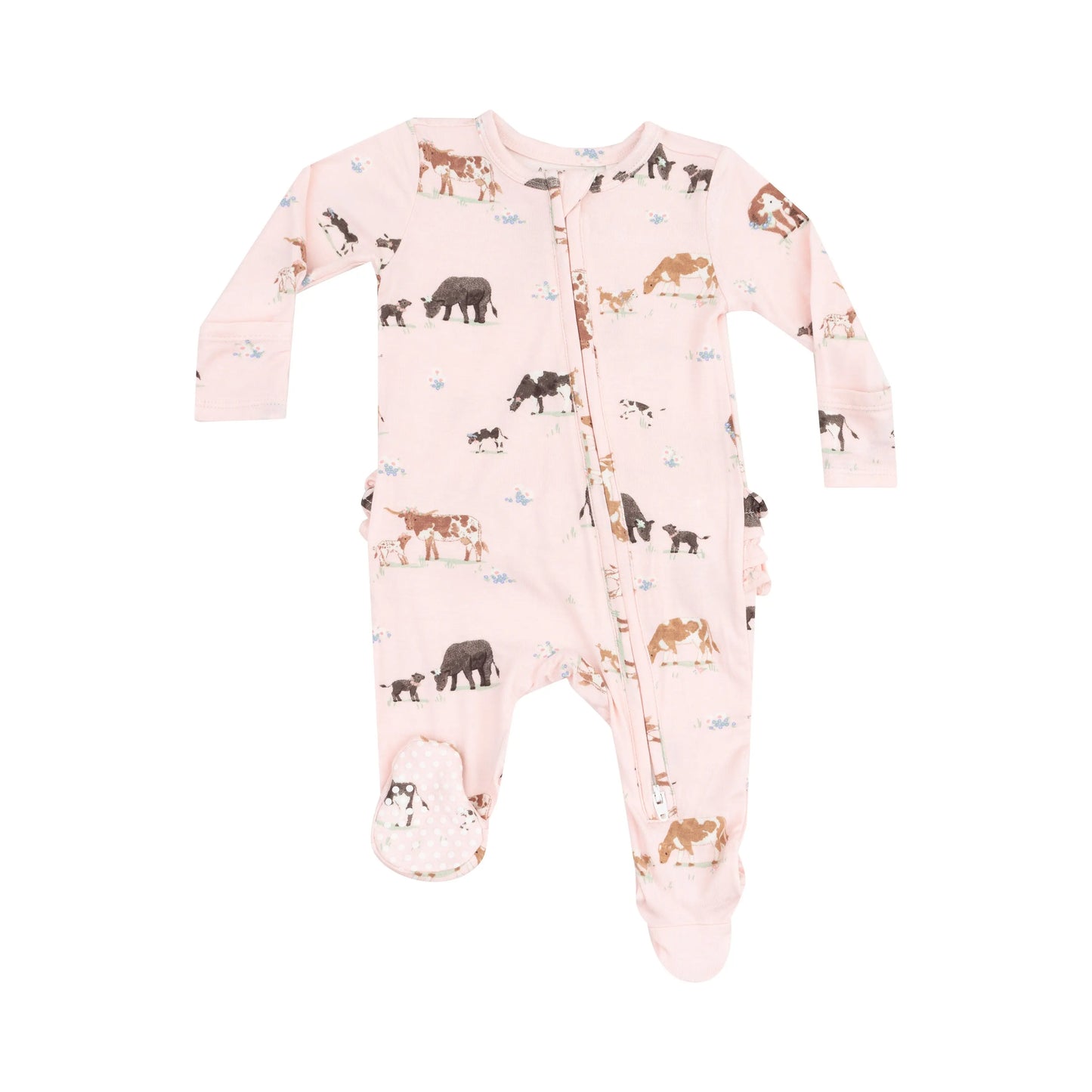 2 Way Zipper Ruffle Back Footie Cow Families Pink.