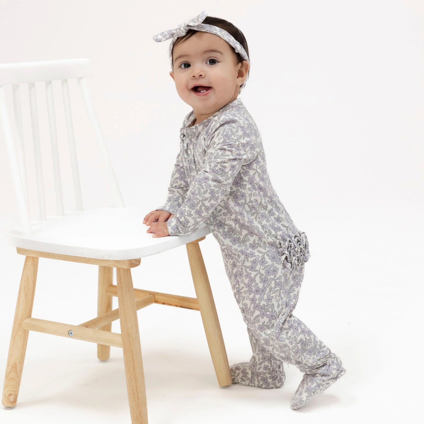 2 Way Zipper Ruffle Back Footie Forget Me Not Floral.