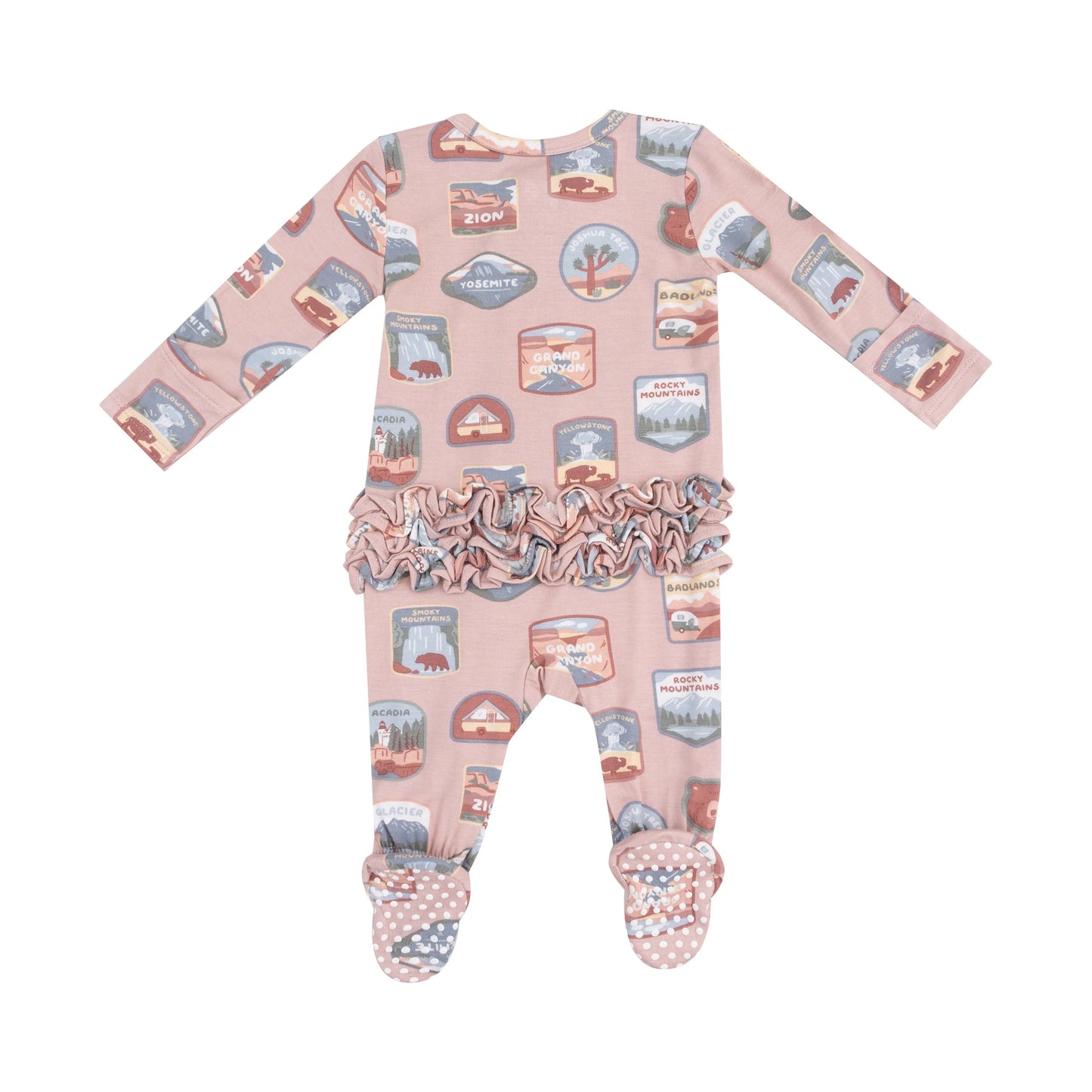 2 Way Zipper Ruffle Back Footie National Park Patches Pink.