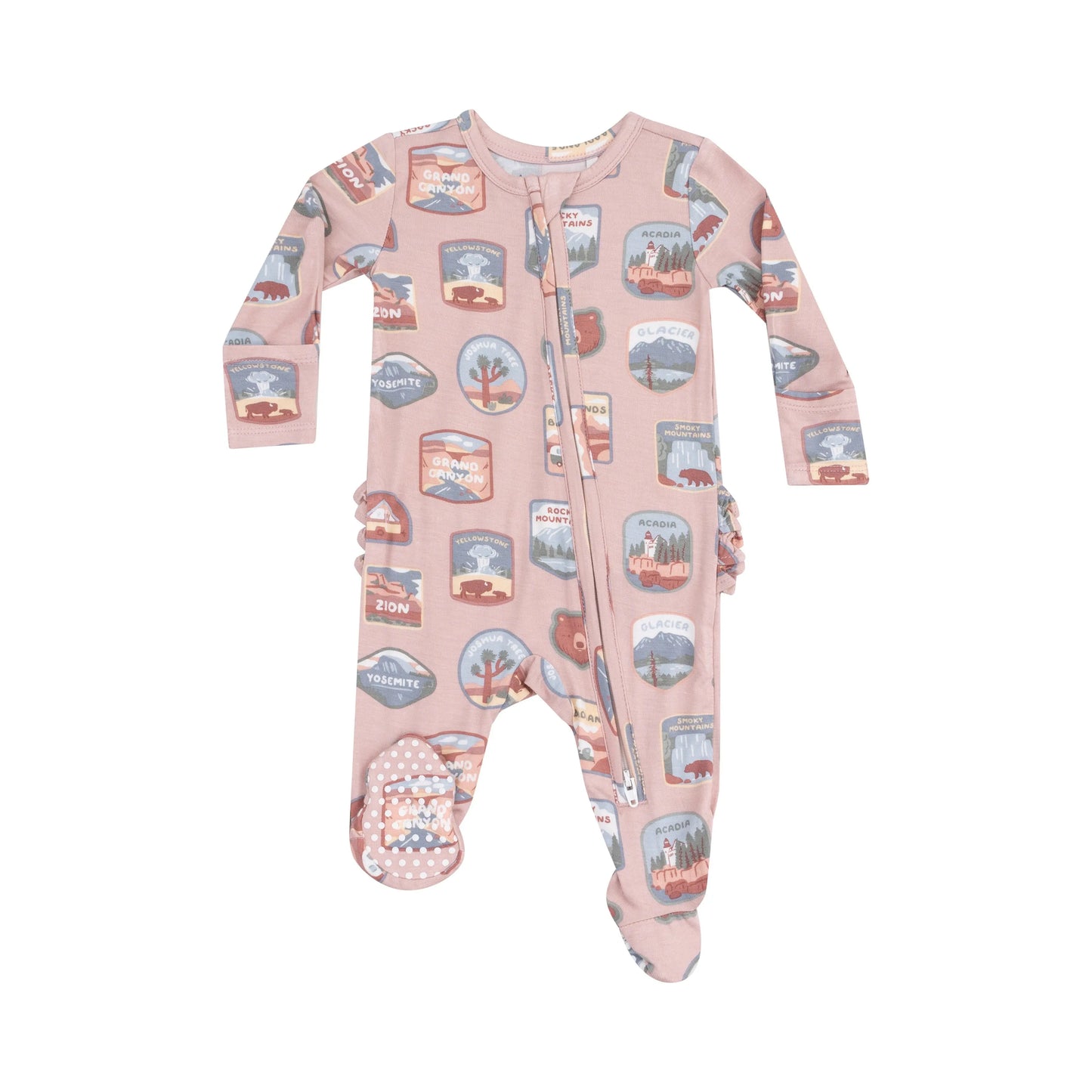 2 Way Zipper Ruffle Back Footie National Park Patches Pink.