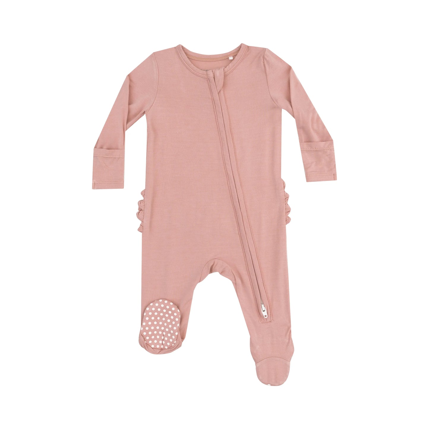 2 Way Zipper Ruffle Back Footie Solid Mellow Rose.