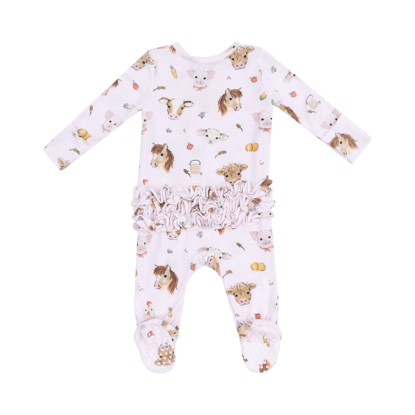 2 Way Zipper Ruffle Back Footie Vintage Animal Faces Pink.