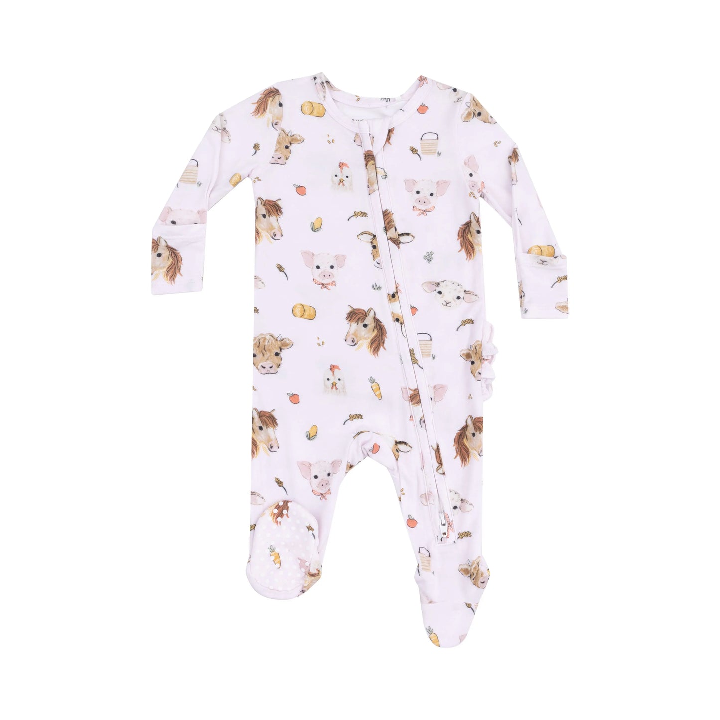 2 Way Zipper Ruffle Back Footie Vintage Animal Faces Pink.