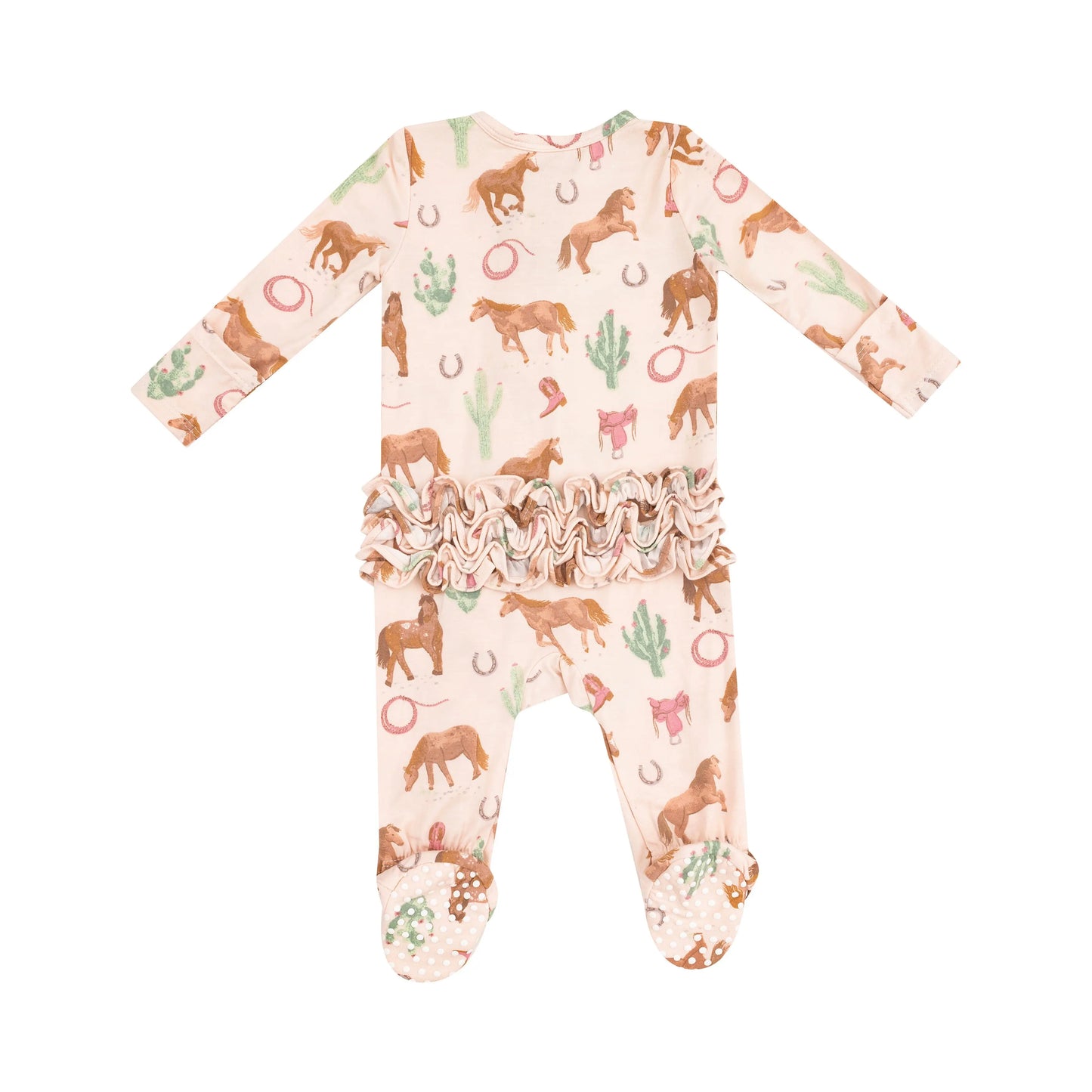 2 Way Zipper Ruffle Back Footie Western Horses Pink.