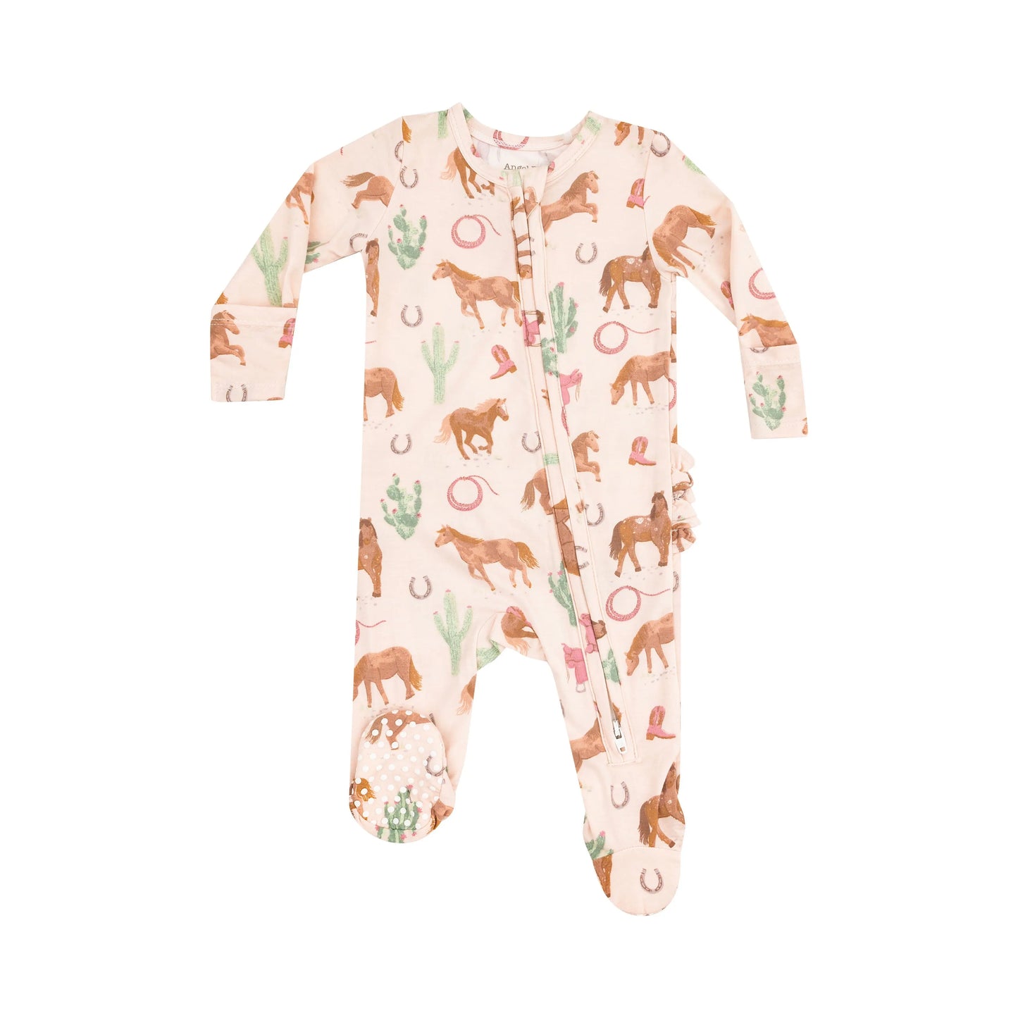 2 Way Zipper Ruffle Back Footie Western Horses Pink.