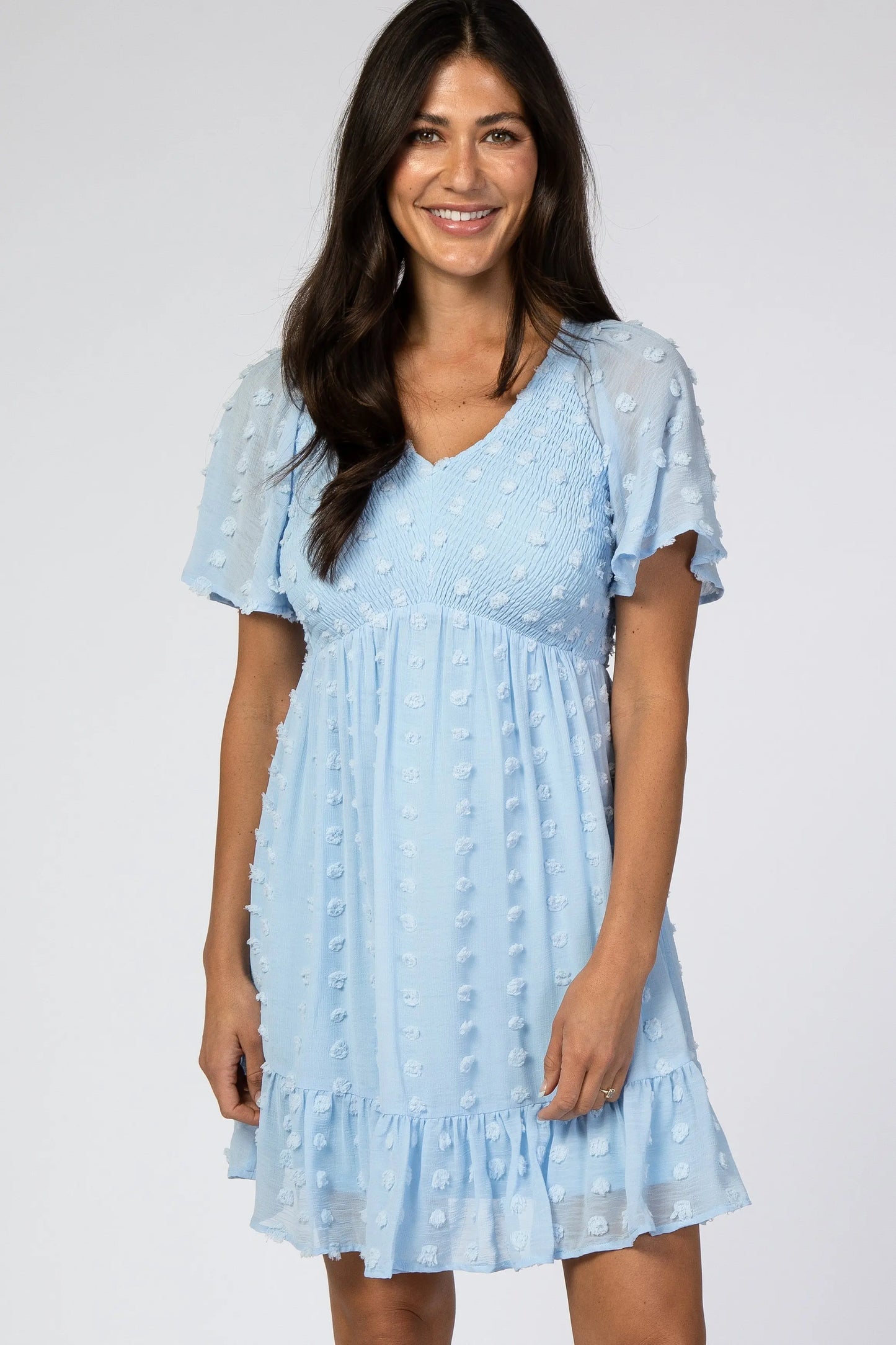 PinkBlush Light Blue Swiss Dot Smocked Dress with V Neckline for Elegant Women - Apparel & Accessories > Clothing > Dresses