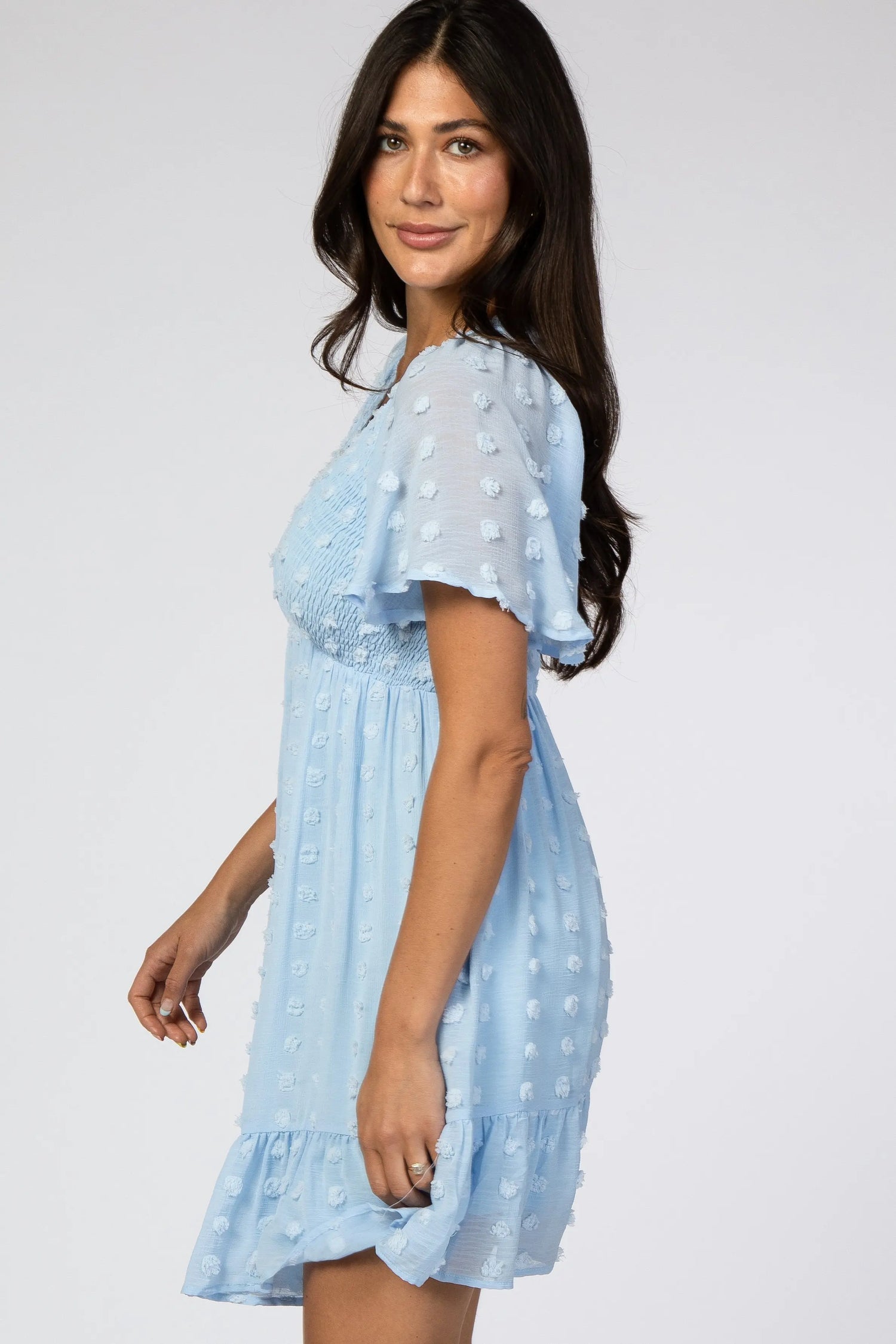 PinkBlush Light Blue Swiss Dot Smocked Dress with V Neckline for Elegant Women - Apparel & Accessories > Clothing > Dresses