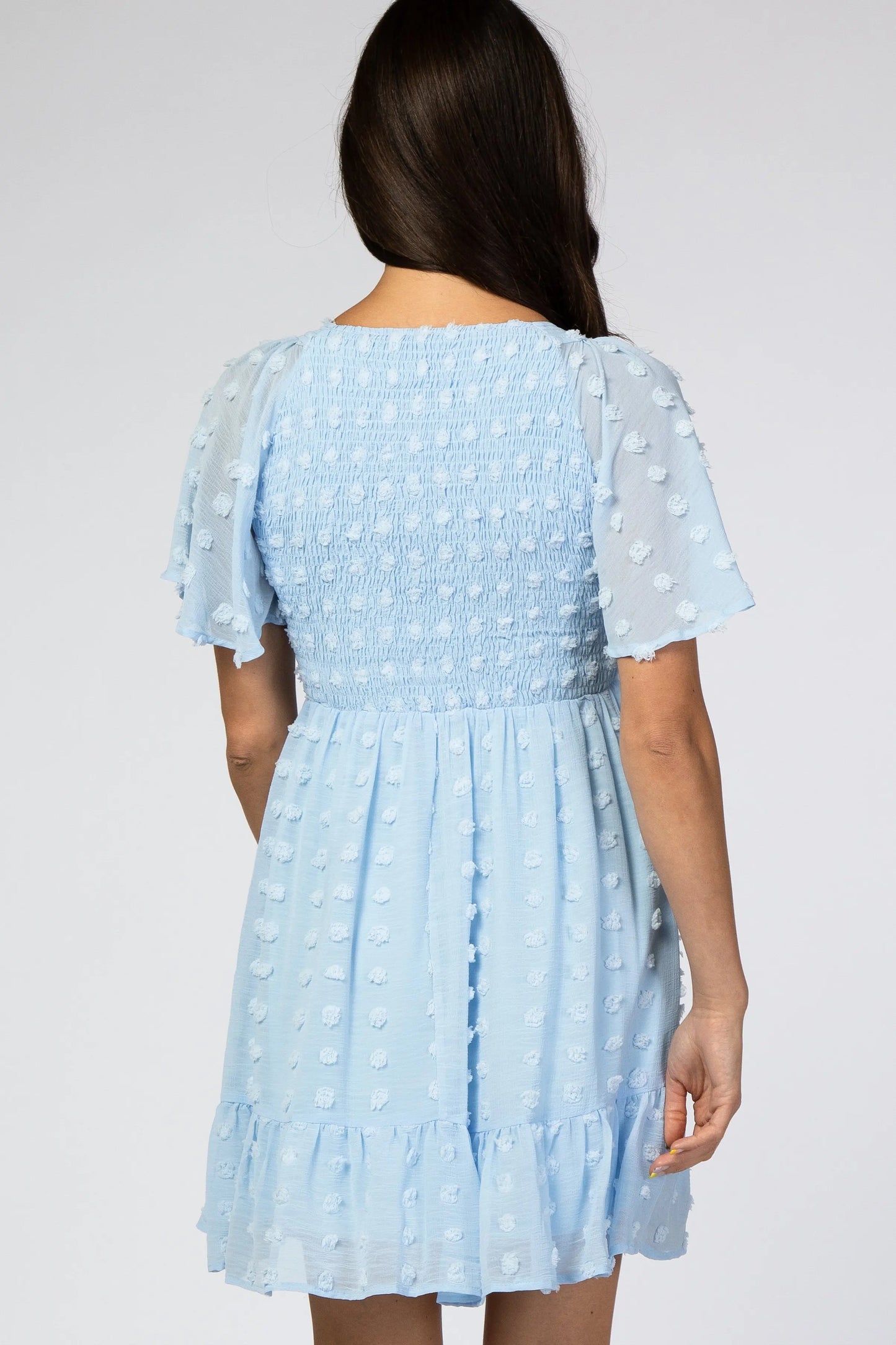 PinkBlush Light Blue Swiss Dot Smocked Dress with V Neckline for Elegant Women - Apparel & Accessories > Clothing > Dresses