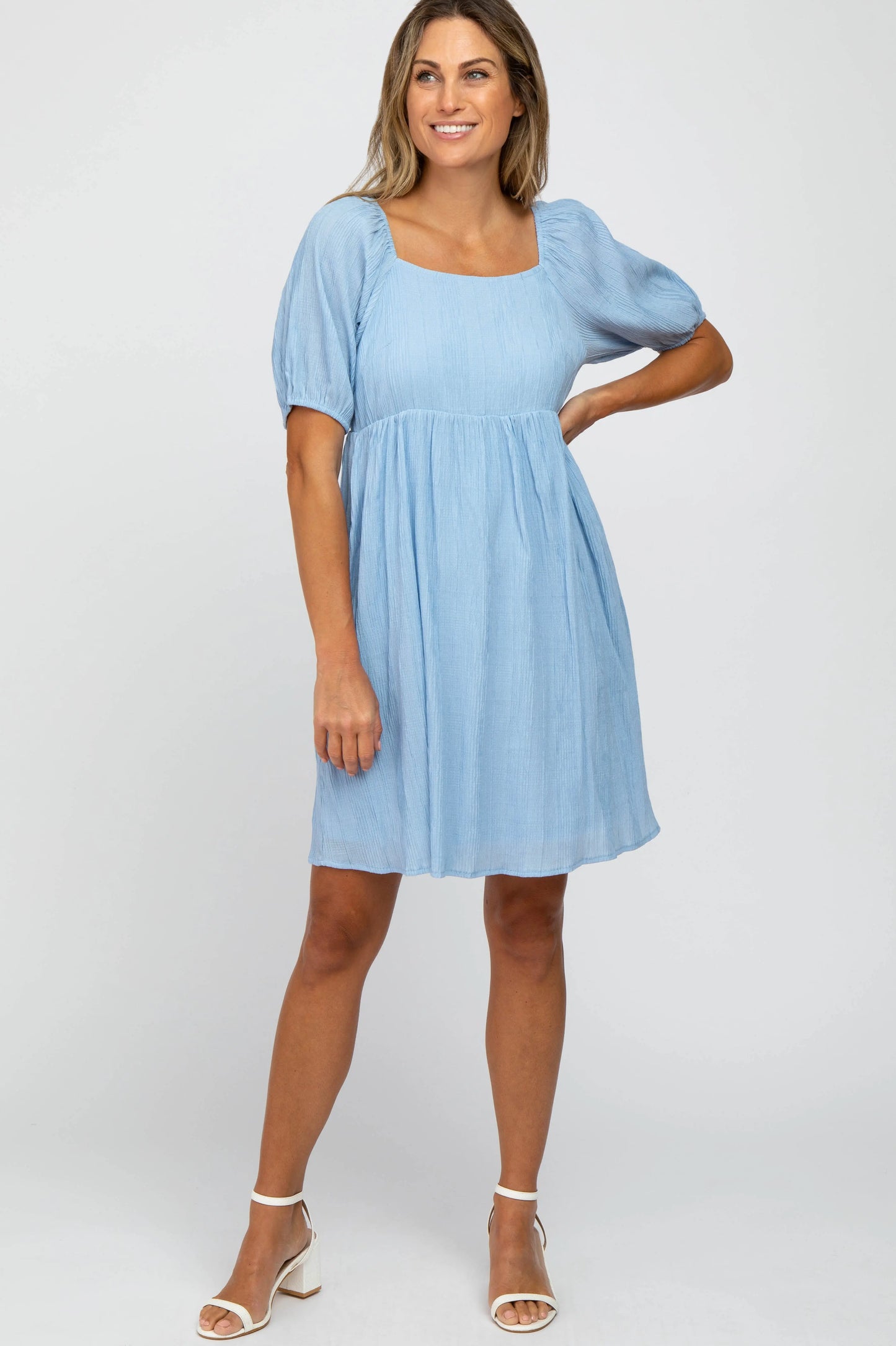 Light Blue Puff Sleeve Textured Dress with Side Pockets and Squared Neckline PinkBlush