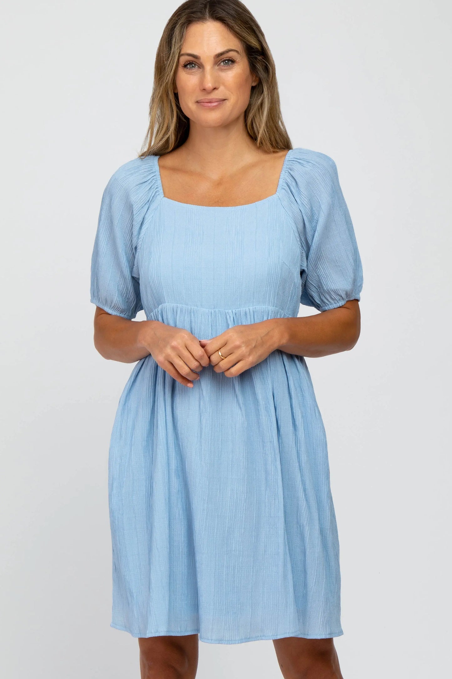 Light Blue Puff Sleeve Textured Dress with Side Pockets and Squared Neckline PinkBlush